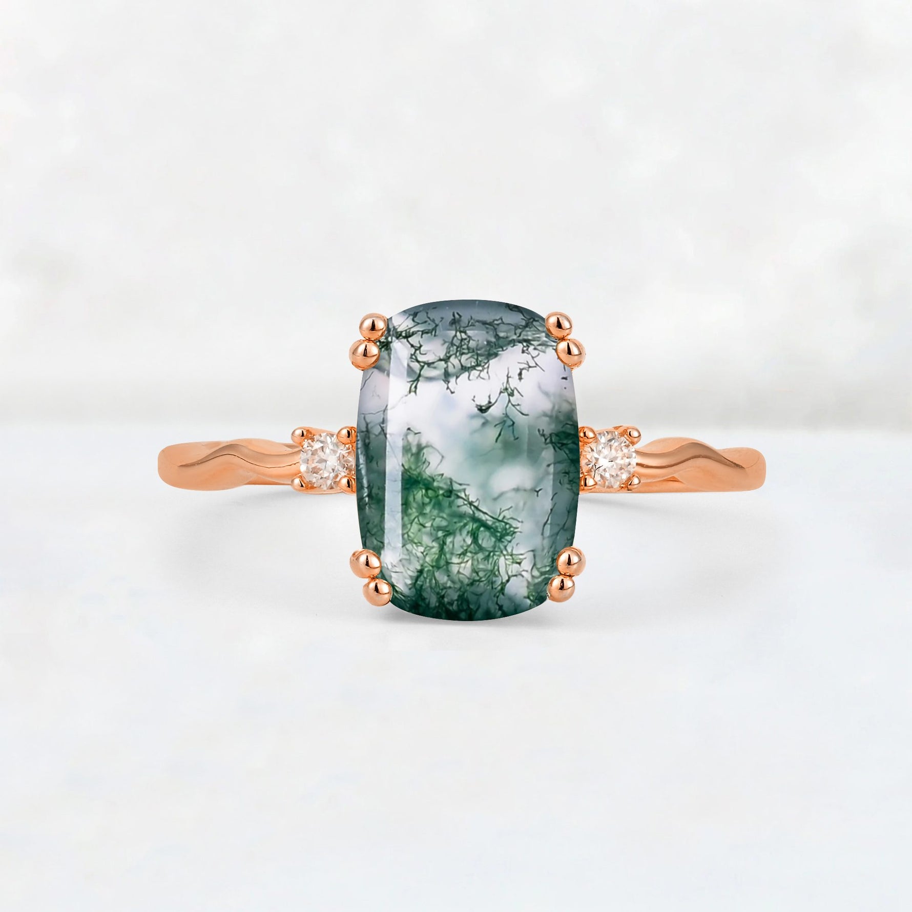 Emerald Cut Moss Agate Twisted Three-Stone Engagement Ring - Additional view