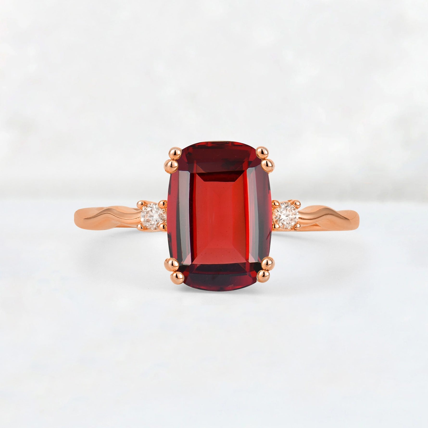 Emerald Cut Garnet Twisted Three-Stone Engagement Ring - Additional view