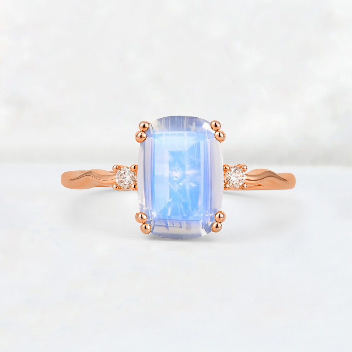 Emerald Cut Moonstone Twisted Three-Stone Engagement Ring - Additional view