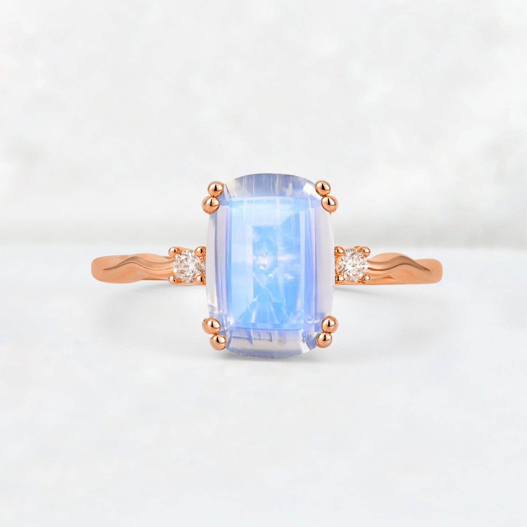 Emerald Cut Moonstone Twisted Three-Stone Engagement Ring - Additional view