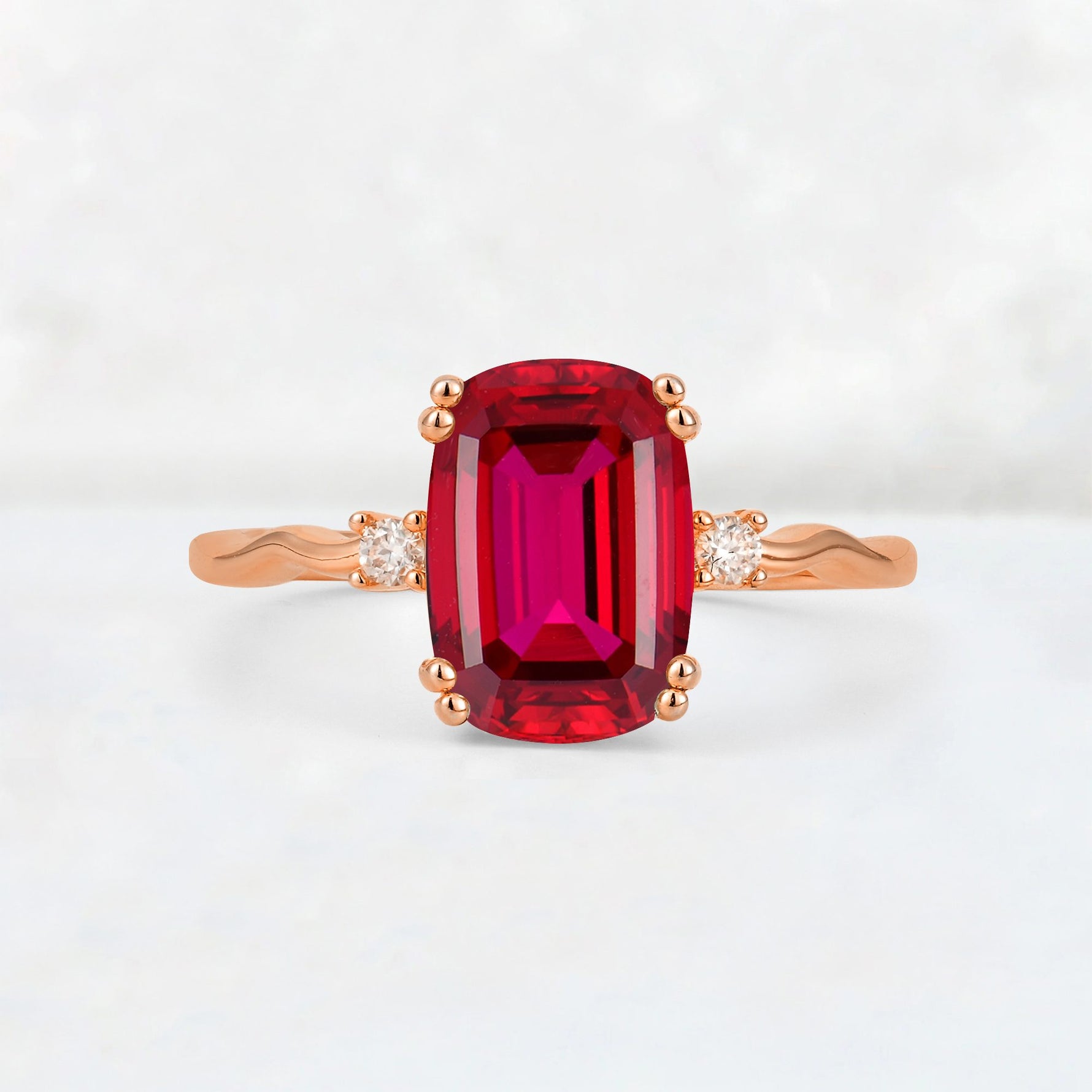 Emerald Cut Ruby Twisted Three-Stone Engagement Ring - Additional view