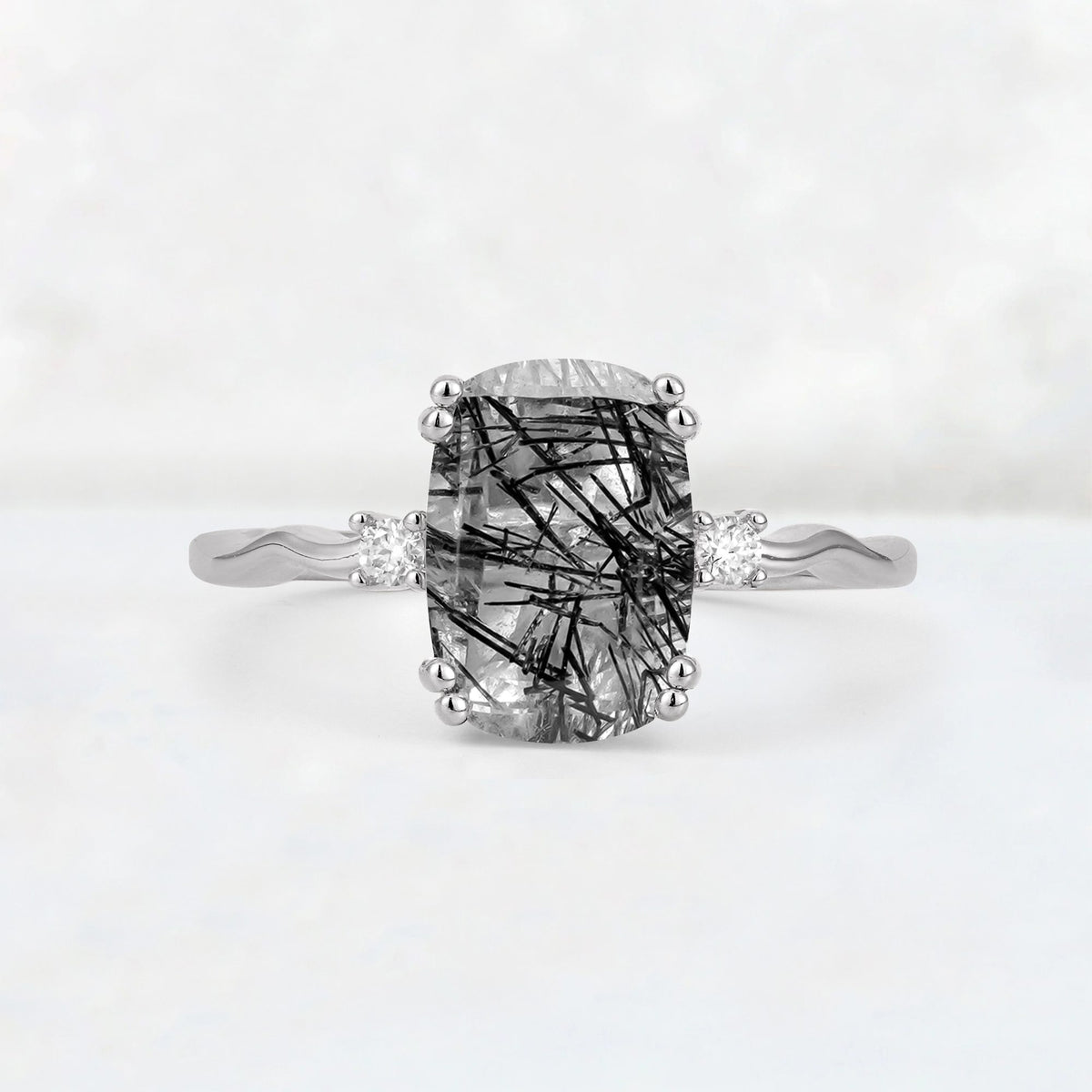 Emerald Cut Black Rutilated Quartz Twisted Three-Stone Engagement Ring - Additional view