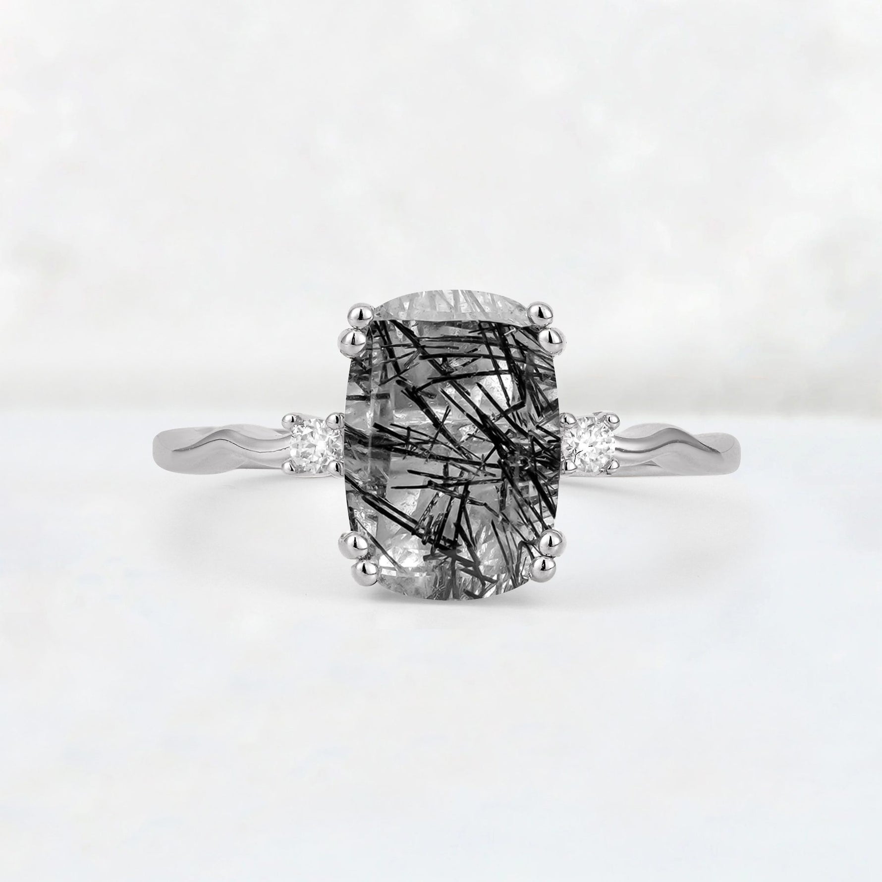 Emerald Cut Black Rutilated Quartz Twisted Three-Stone Engagement Ring - Additional view