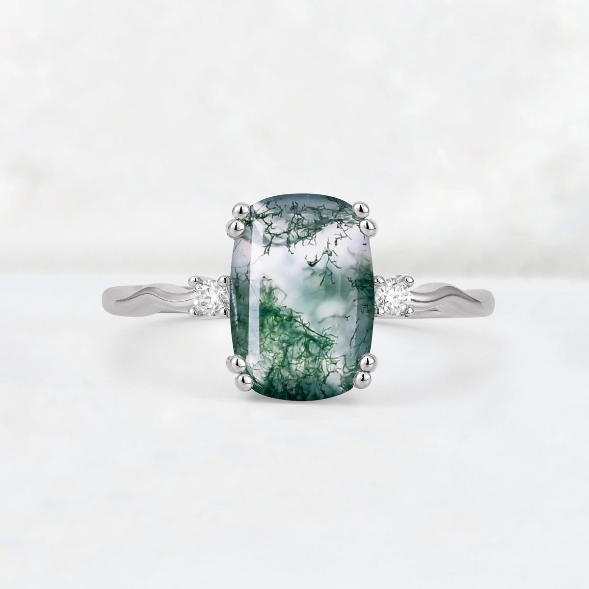 Emerald Cut Moss Agate Twisted Three-Stone Engagement Ring - Additional view