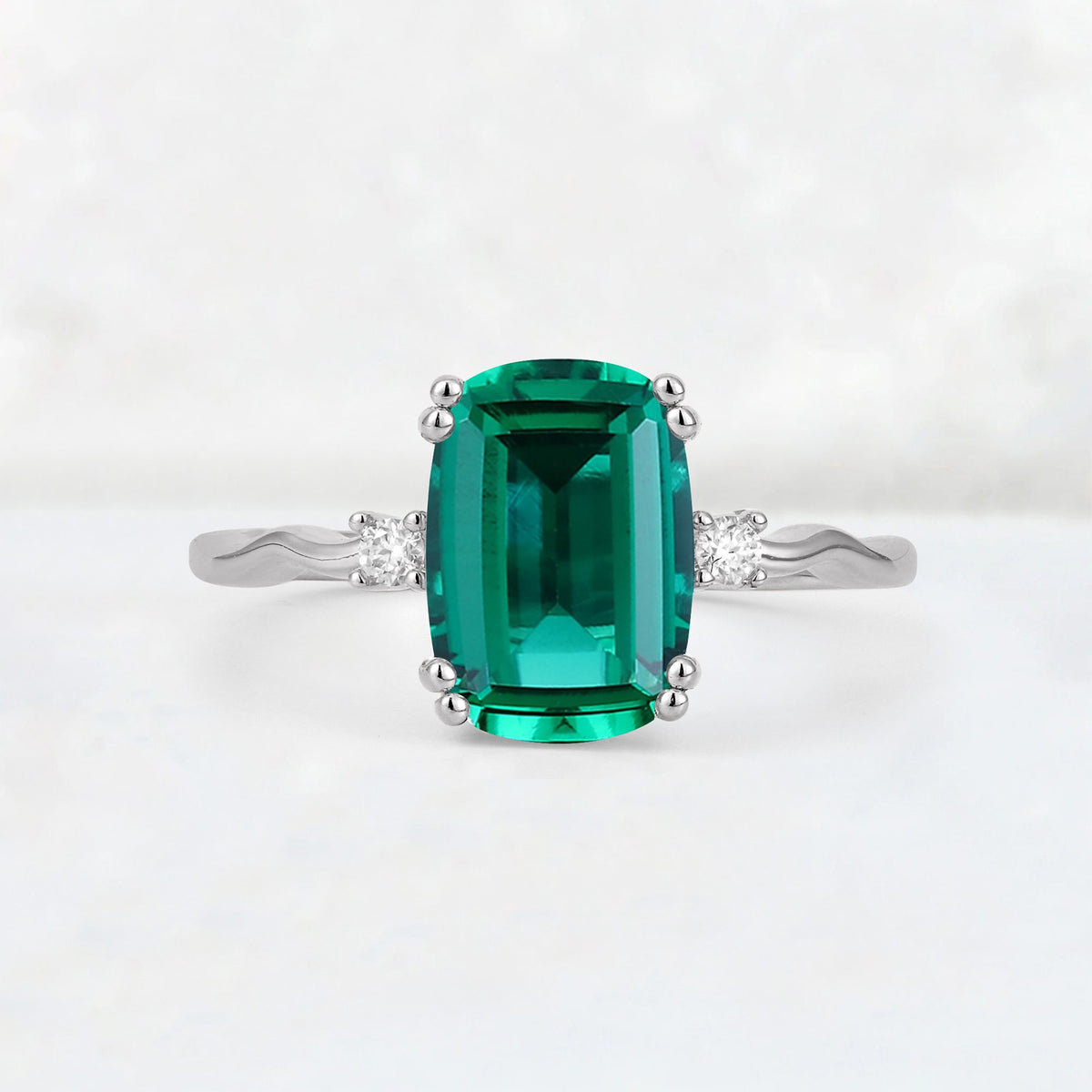 Emerald Cut Emerald Twisted Three-Stone Engagement Ring - Additional view