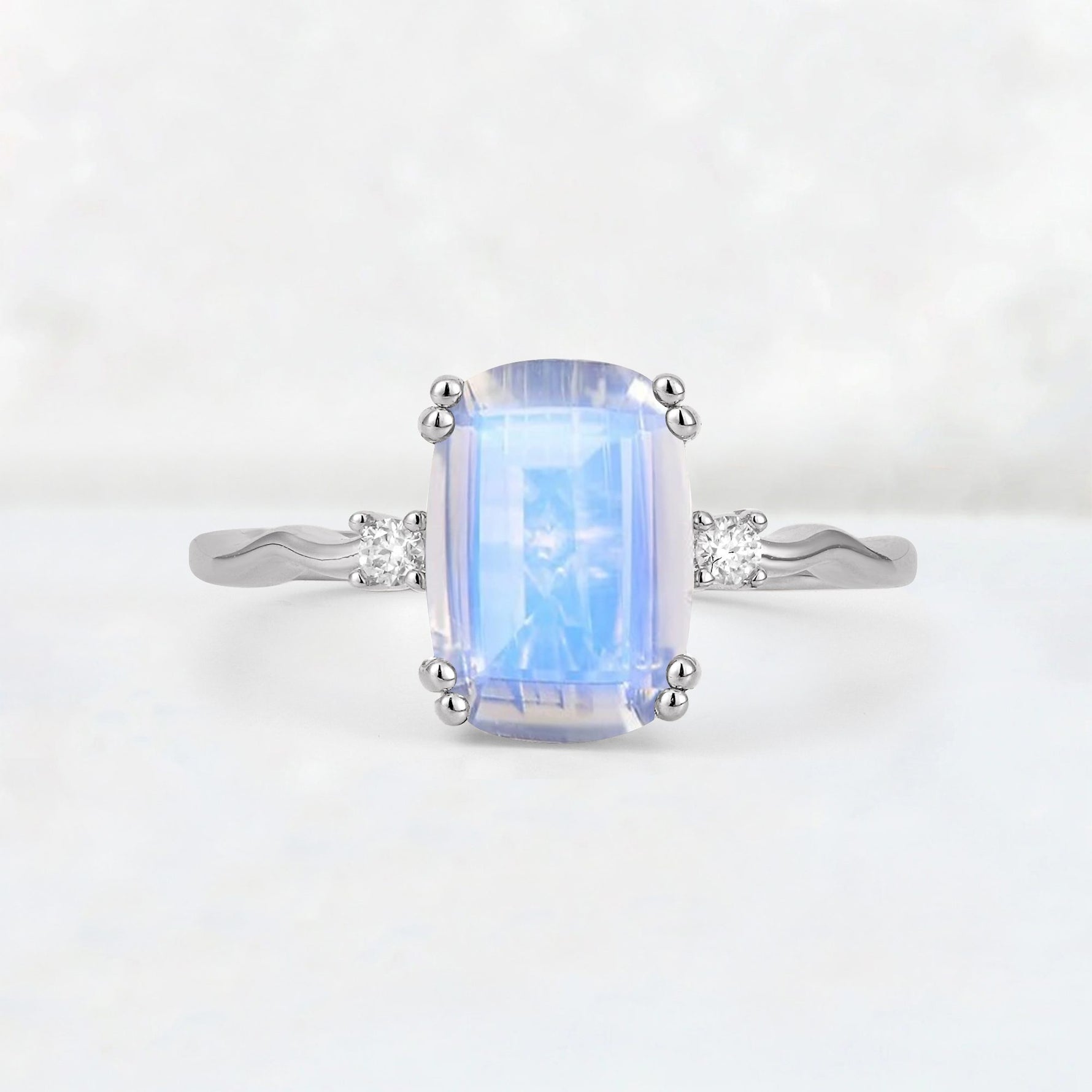 Emerald Cut Moonstone Twisted Three-Stone Engagement Ring - Additional view