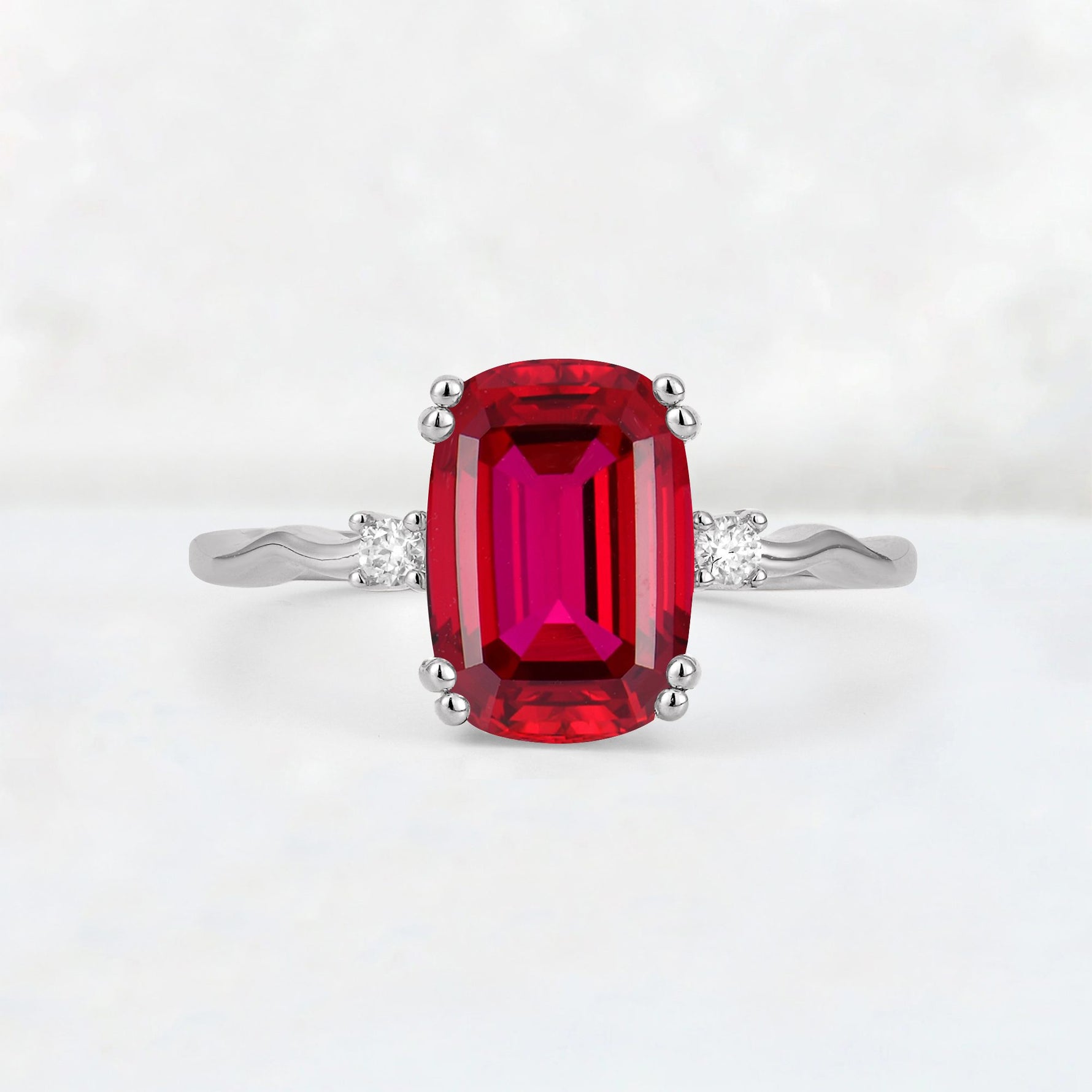 Emerald Cut Ruby Twisted Three-Stone Engagement Ring - Additional view