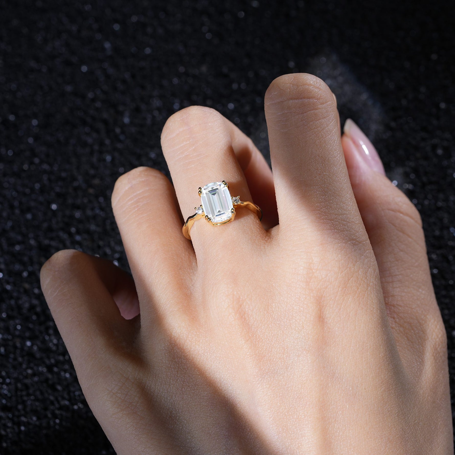 Emerald Cut Moissanite Twisted Three-Stone Engagement Ring - Additional view