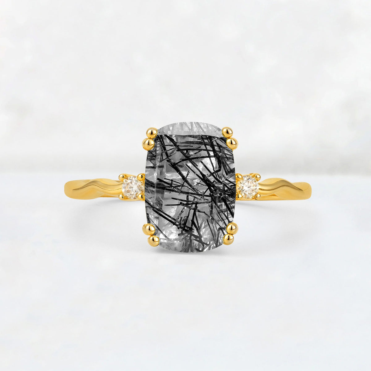 Emerald Cut Black Rutilated Quartz Twisted Three-Stone Engagement Ring - Additional view