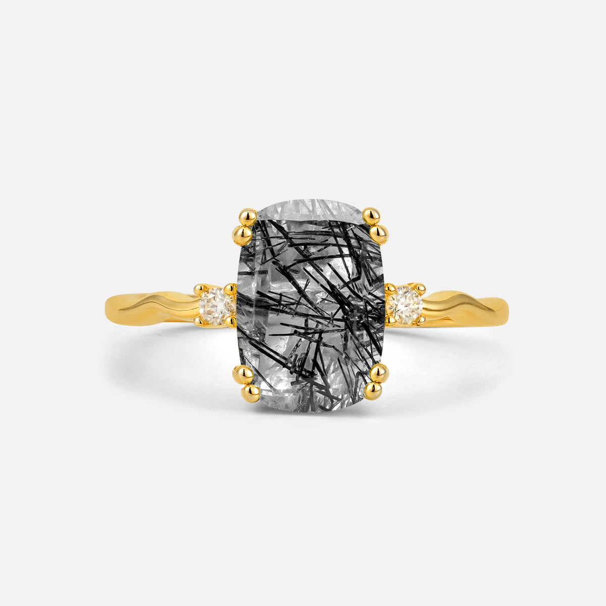 Emerald Cut Black Rutilated Quartz Twisted Three-Stone Engagement Ring