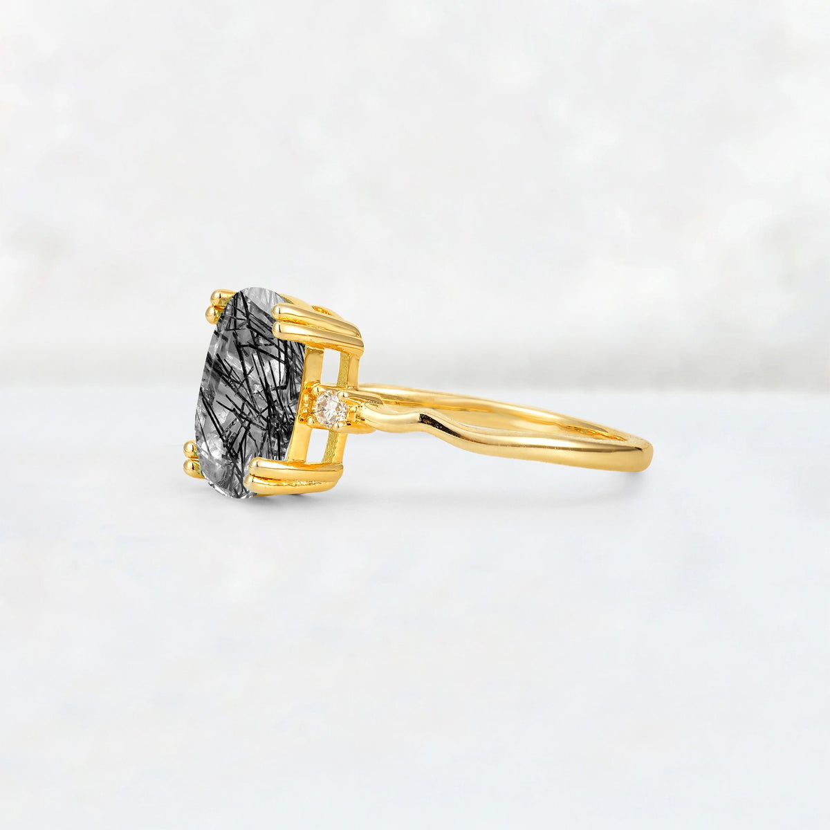 Emerald Cut Black Rutilated Quartz Twisted Three-Stone Engagement Ring - Additional view