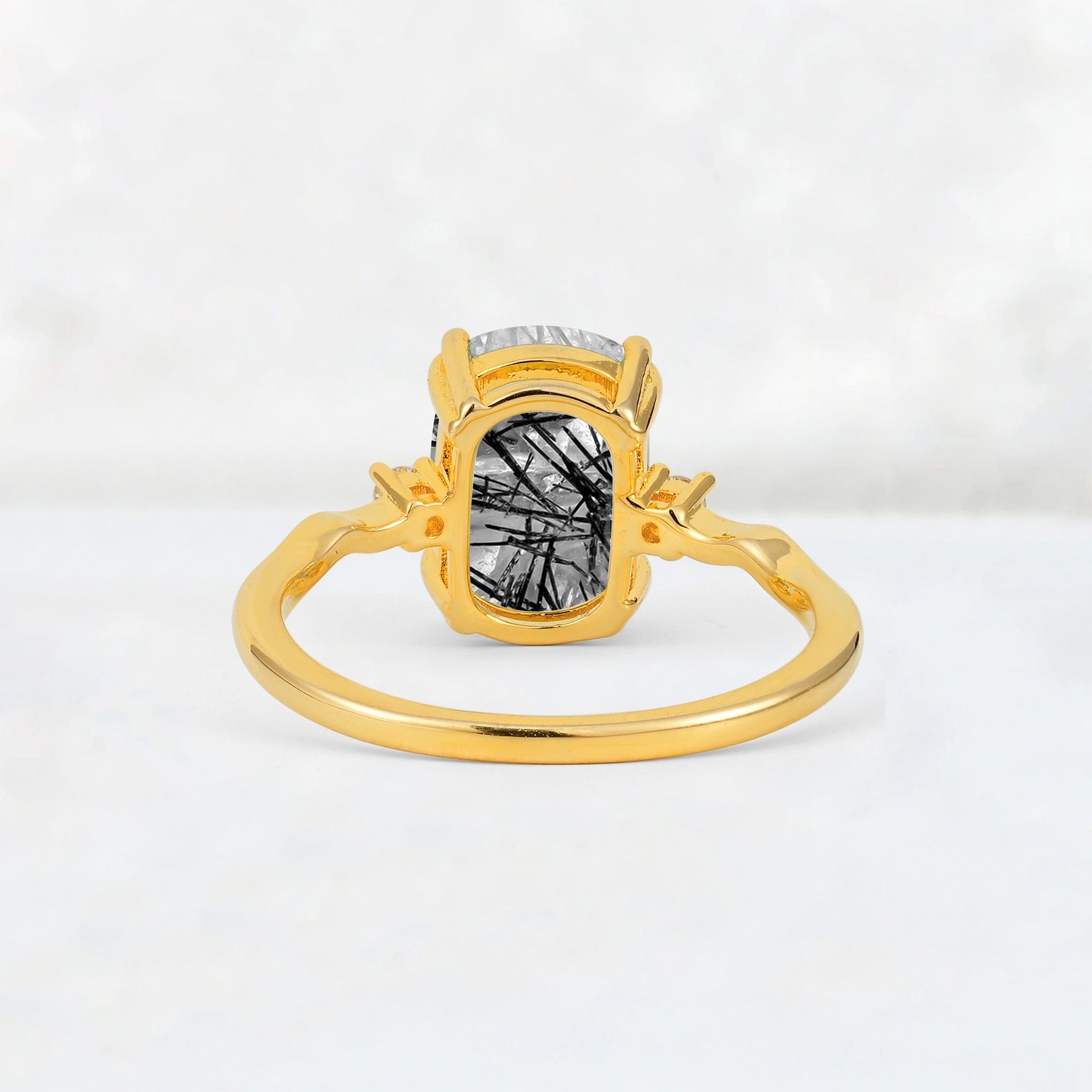 Emerald Cut Black Rutilated Quartz Twisted Three-Stone Engagement Ring - Additional view