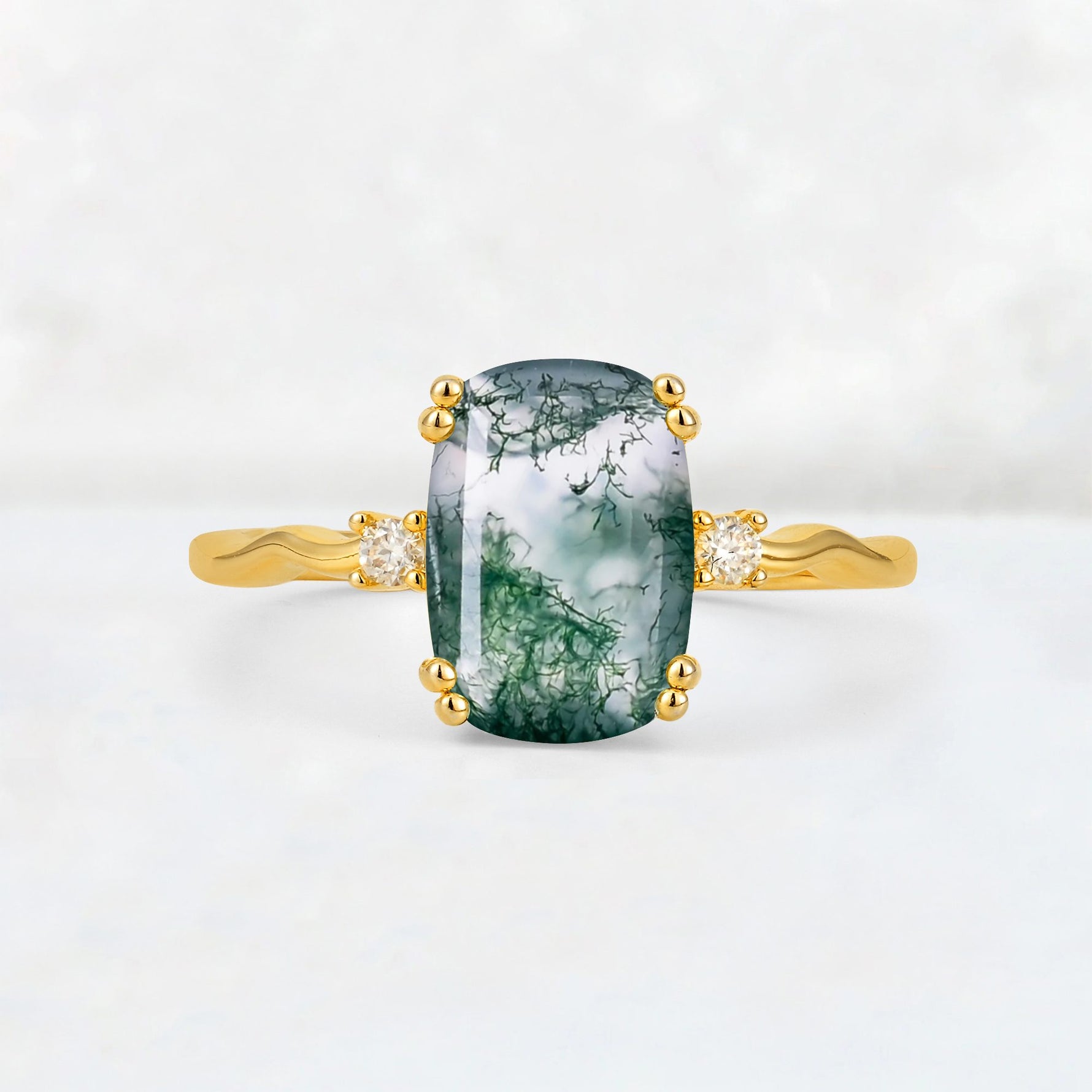 Emerald Cut Moss Agate Twisted Three-Stone Engagement Ring - Additional view