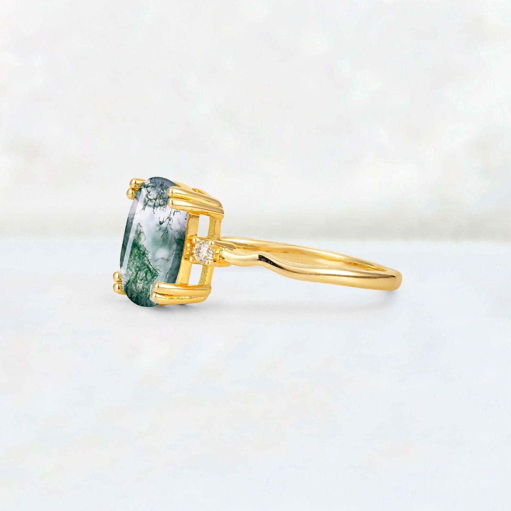 Emerald Cut Moss Agate Twisted Three-Stone Engagement Ring - Additional view
