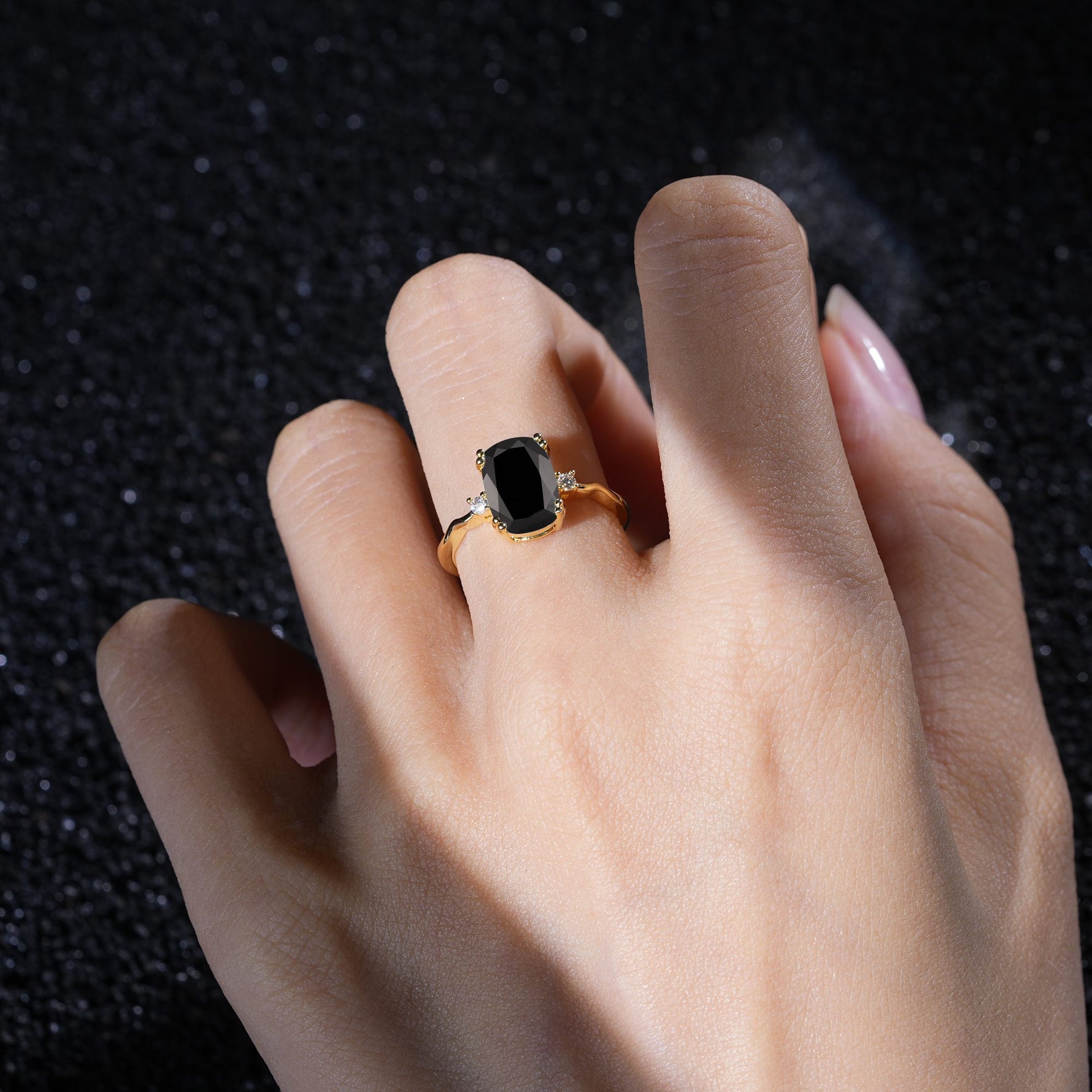 Emerald Cut Black Onyx Twisted Three-Stone Engagement Ring - Additional view