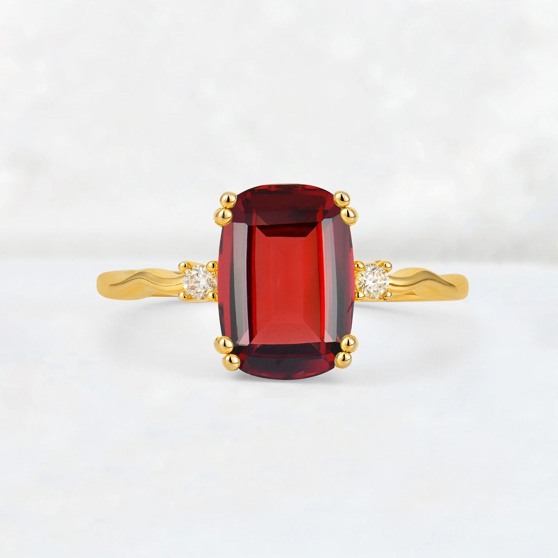Emerald Cut Garnet Twisted Three-Stone Engagement Ring - Additional view