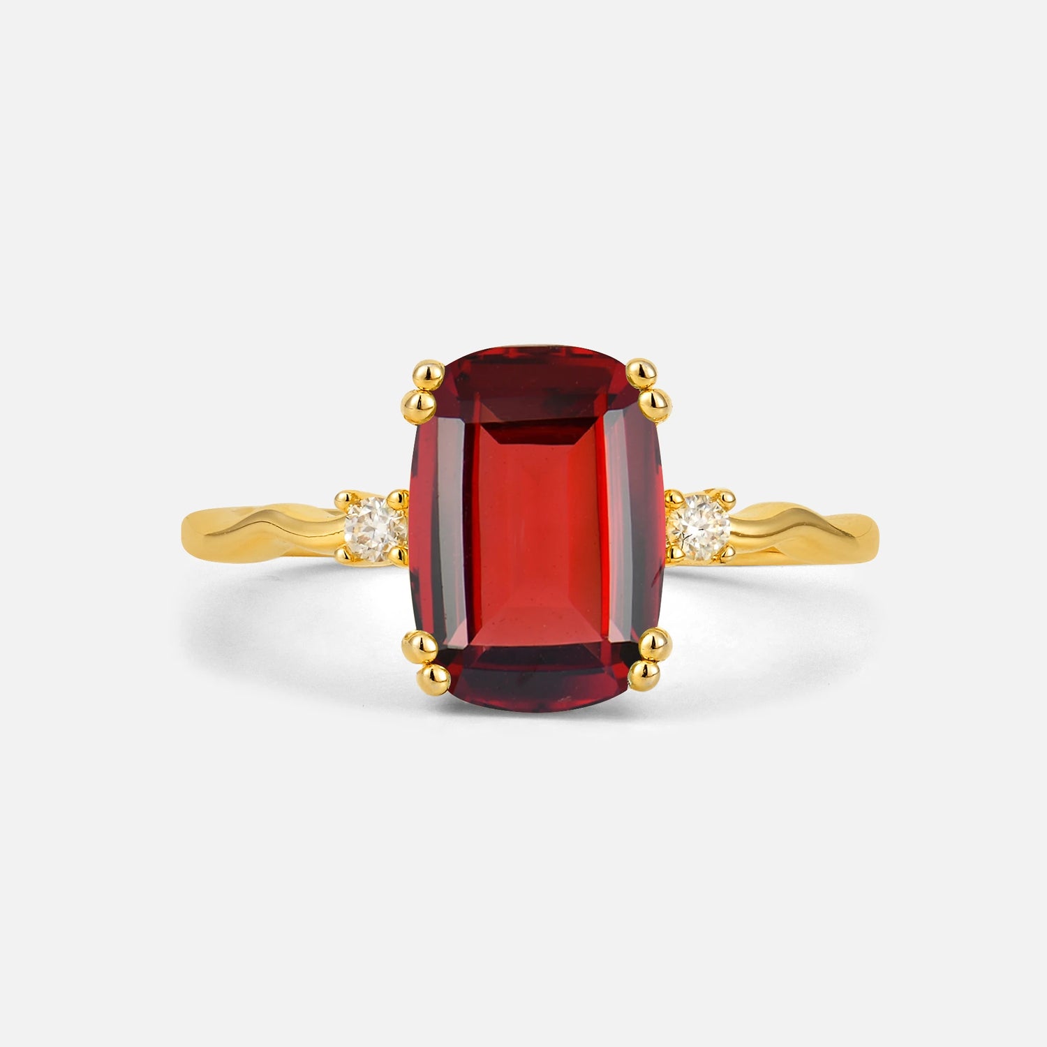 Emerald Cut Garnet Twisted Three-Stone Engagement Ring