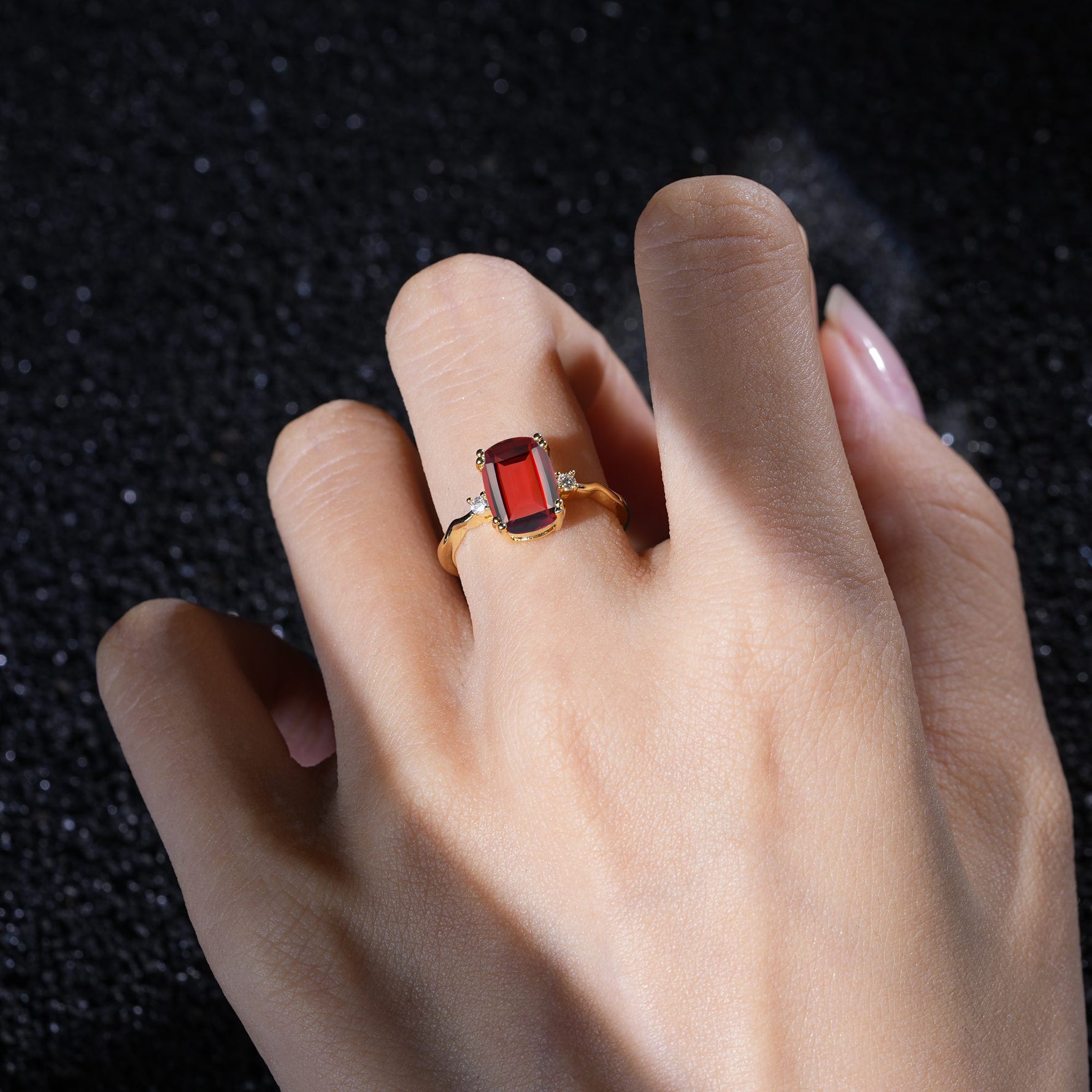 Emerald Cut Garnet Twisted Three-Stone Engagement Ring - Additional view