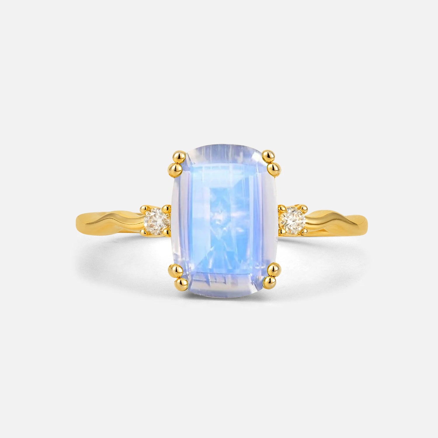 Emerald Cut Moonstone Twisted Three-Stone Engagement Ring