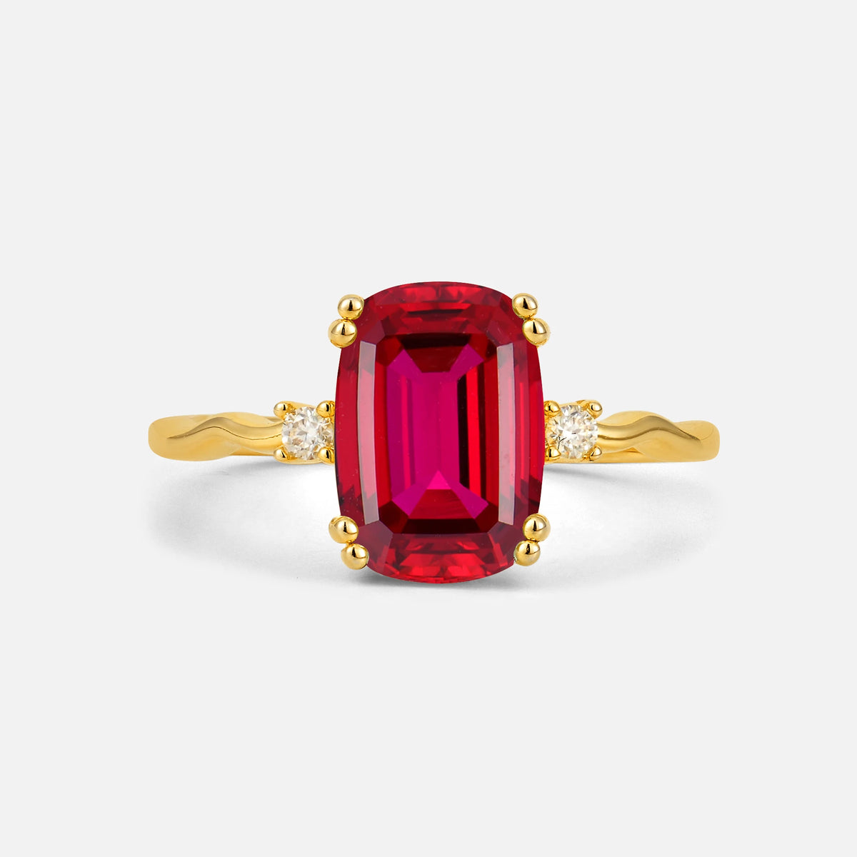 Emerald Cut Ruby Twisted Three-Stone Engagement Ring