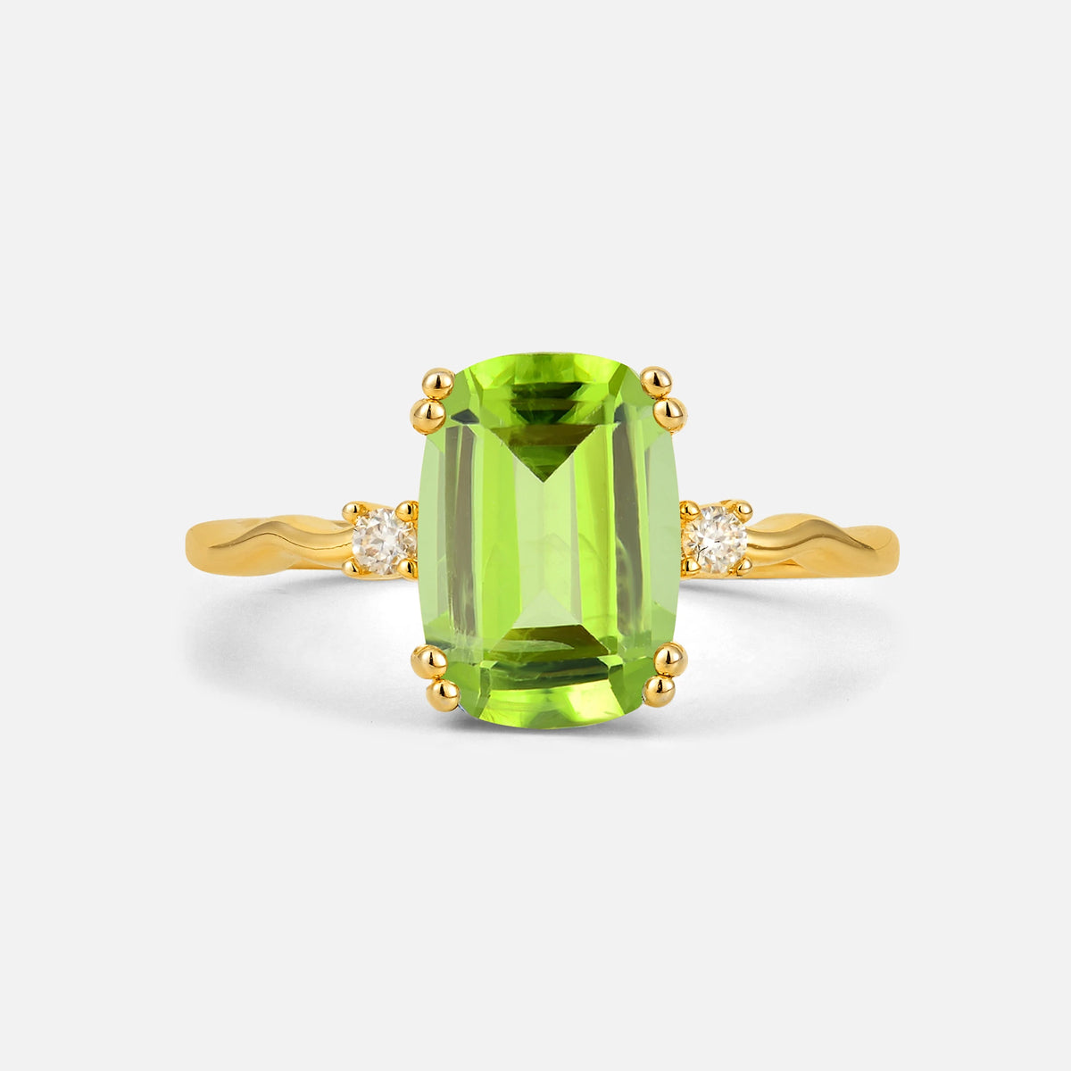 Emerald Cut Peridot Twisted Three-Stone Engagement Ring