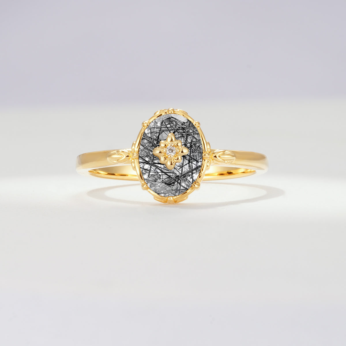 ML07036 Black Rutilated Quartz Ring - Yellow-Gold