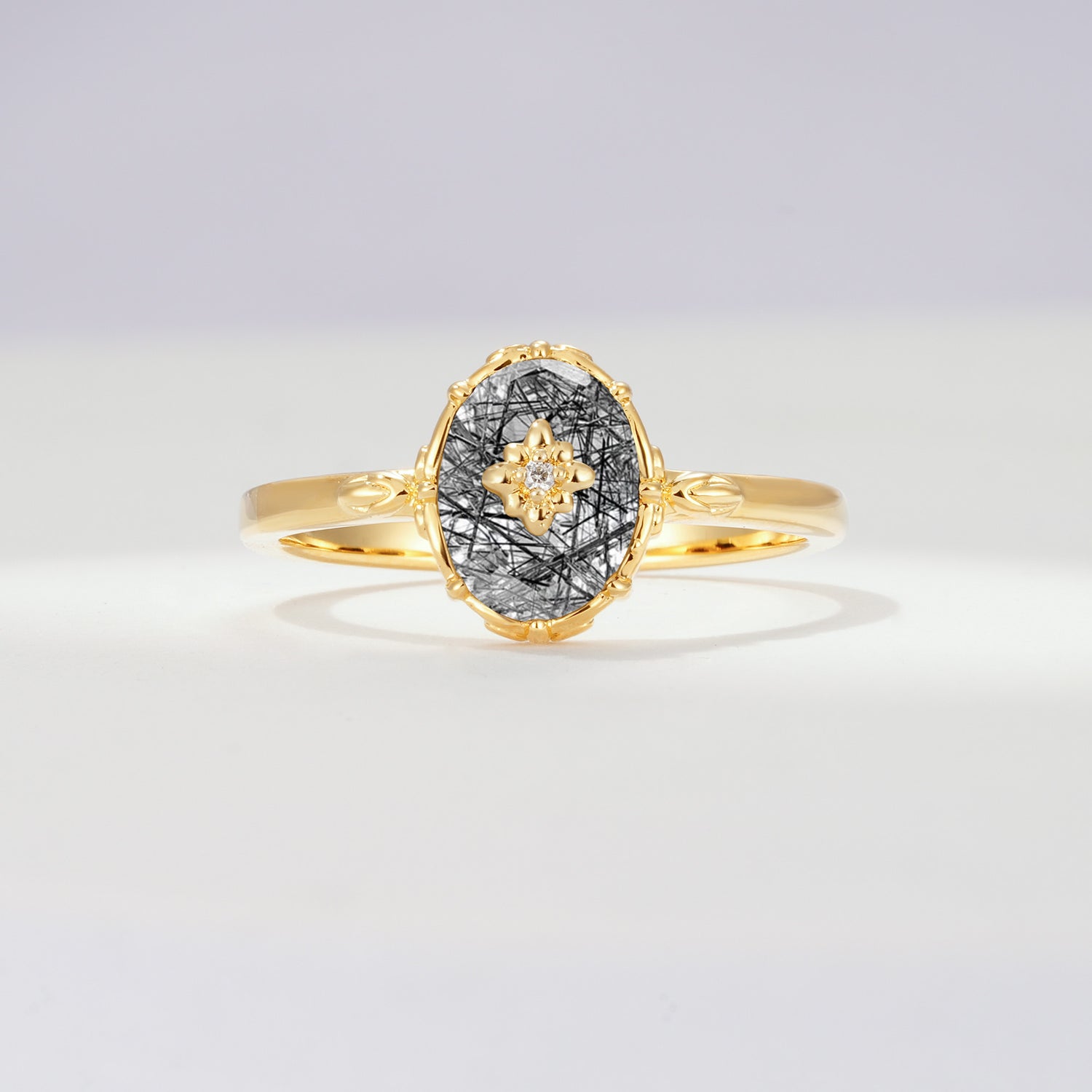ML07036 Black Rutilated Quartz Ring - Yellow-Gold