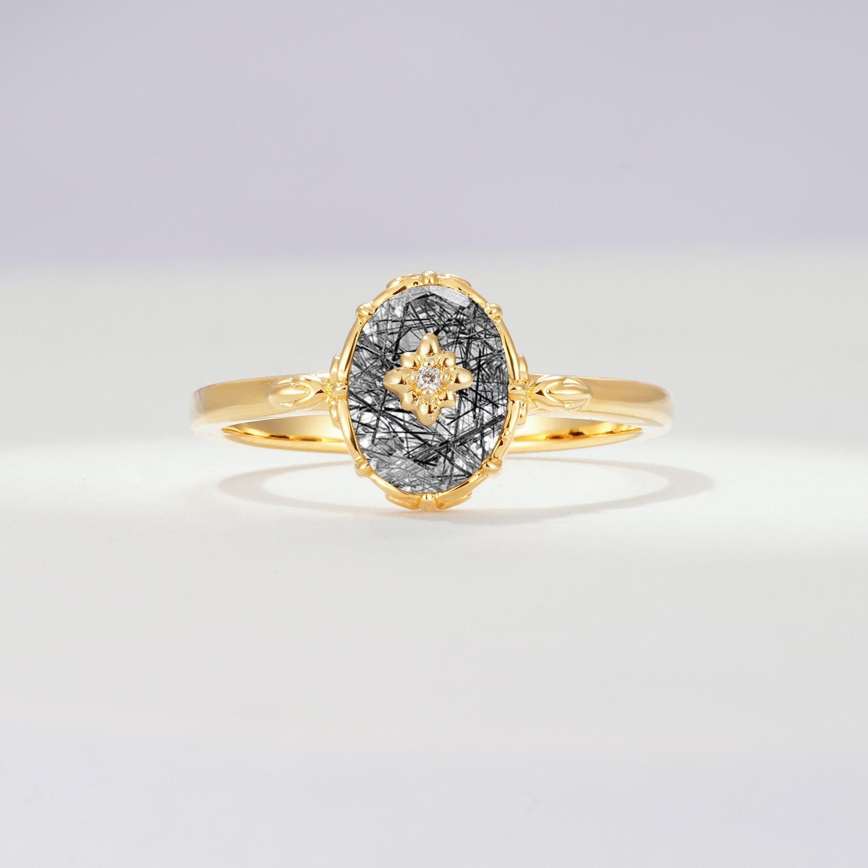ML07036 Black Rutilated Quartz Ring - Yellow-Gold