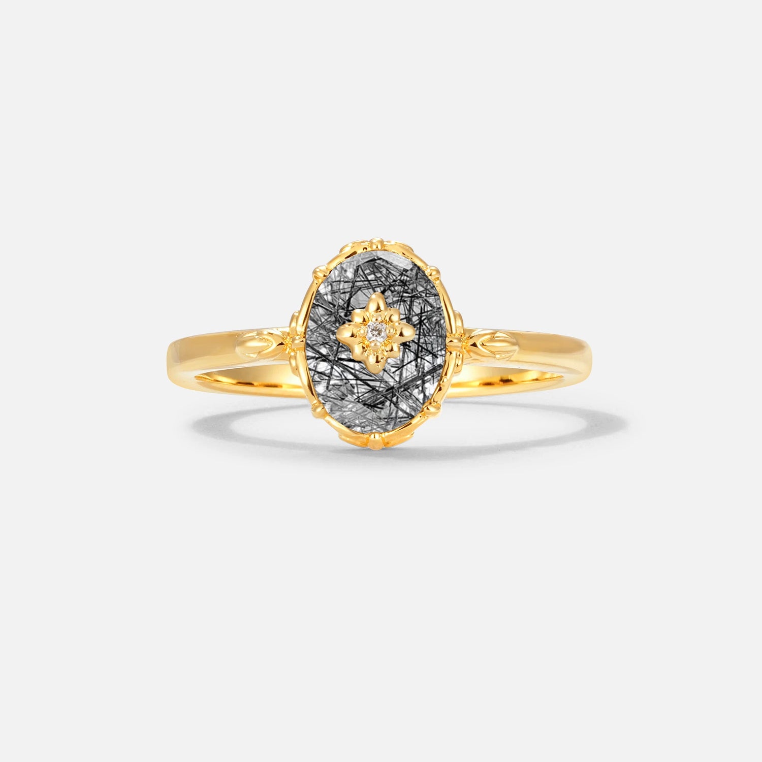 Vintage Floral Oval Black Rutilated Quartz Engagement Ring