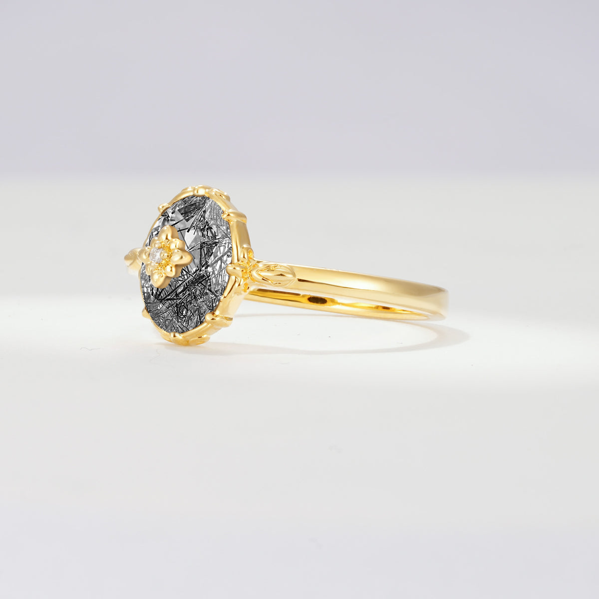 ML07036 Black Rutilated Quartz Ring - Rose-Gold