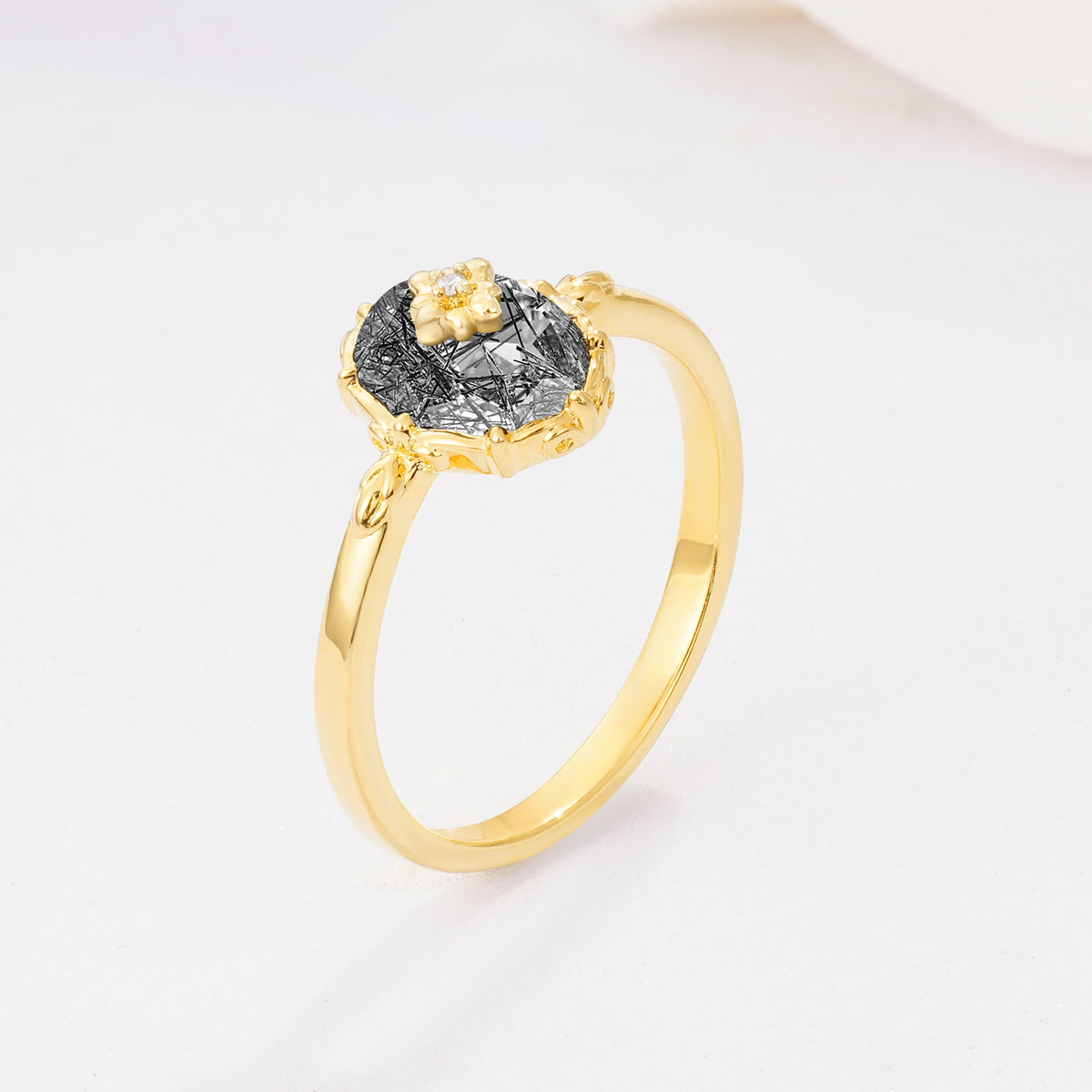 ML07036 Black Rutilated Quartz Ring - White-Gold