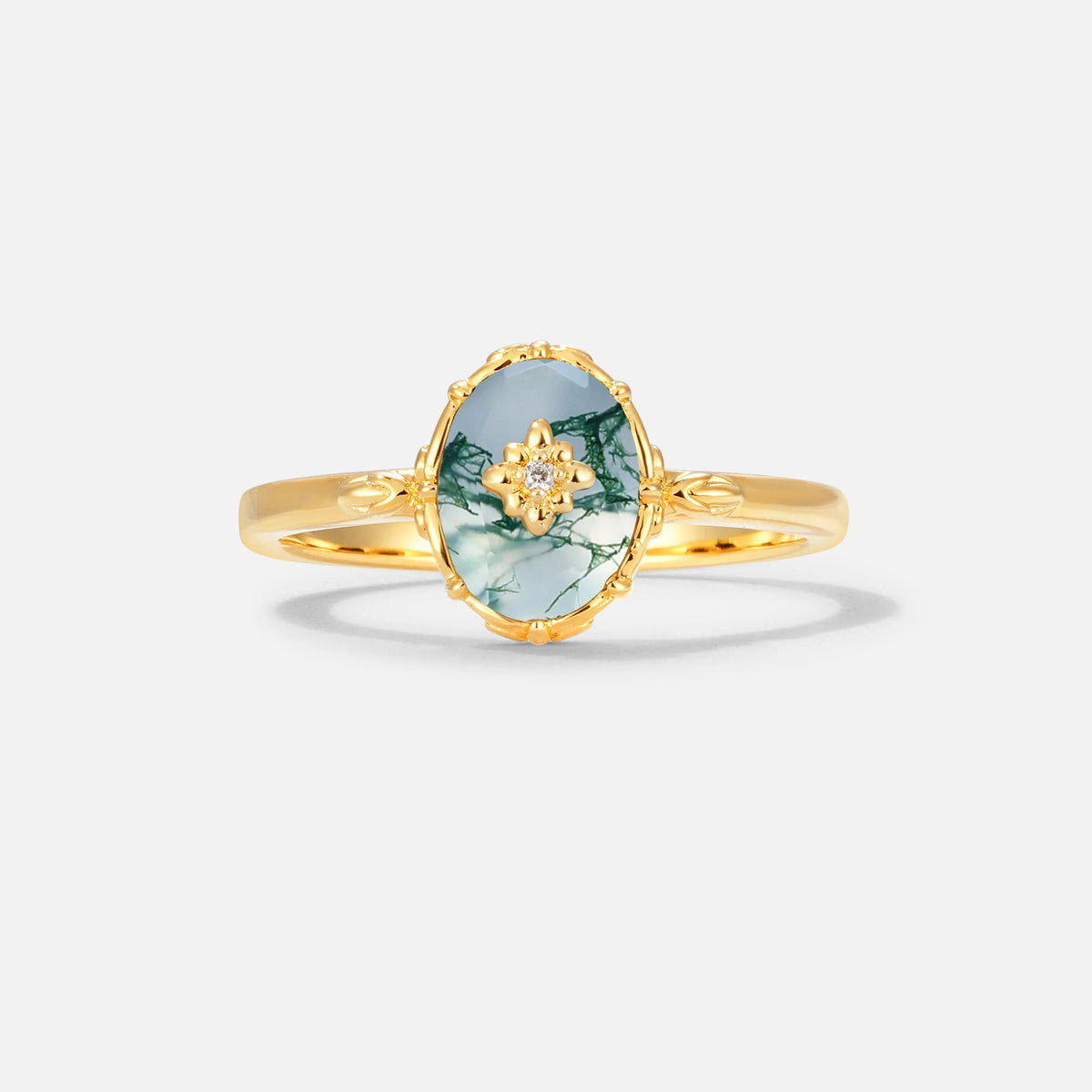 Vintage Floral Oval Moss Agate Engagement Ring