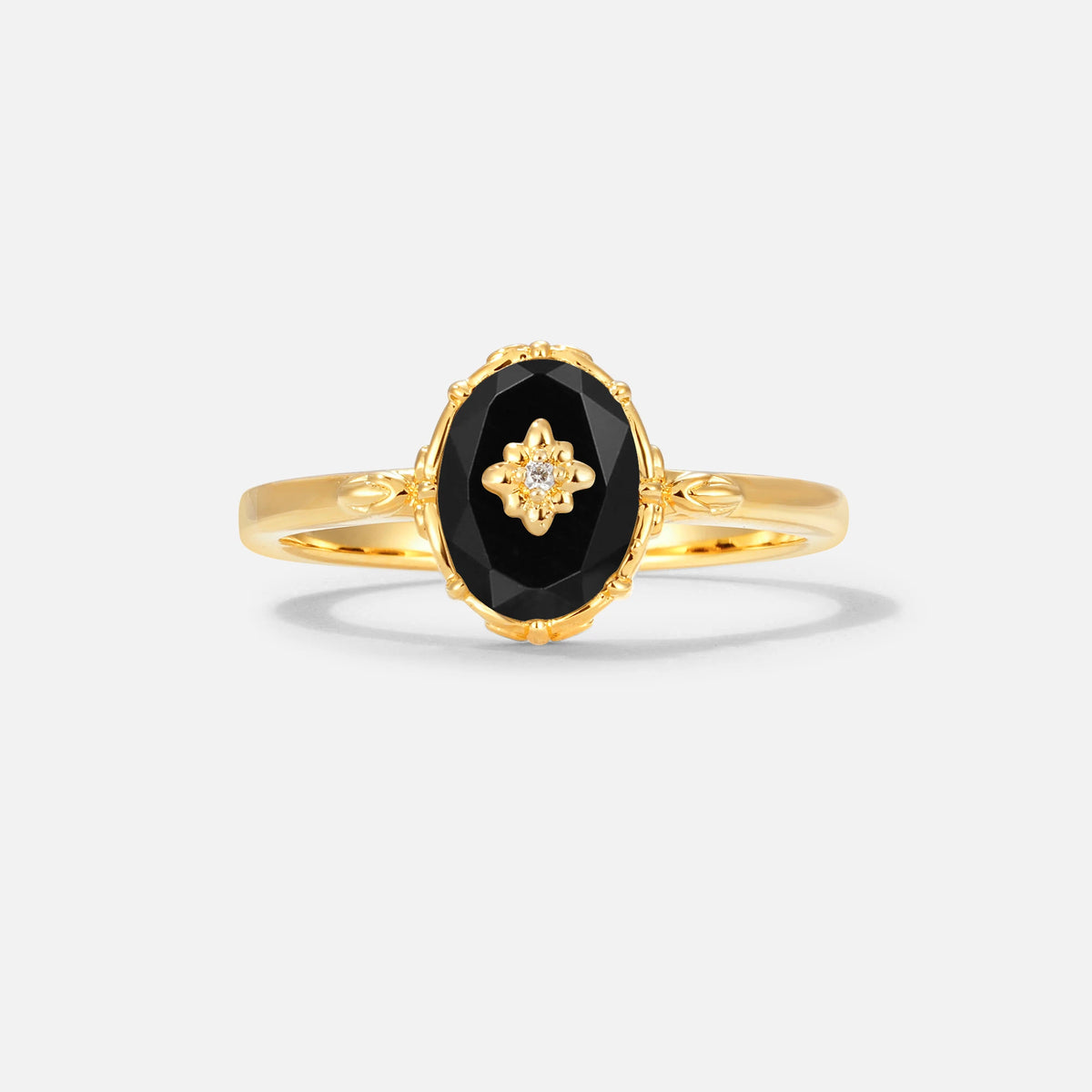 Vintage Floral Oval Black Onyx Engagement Ring