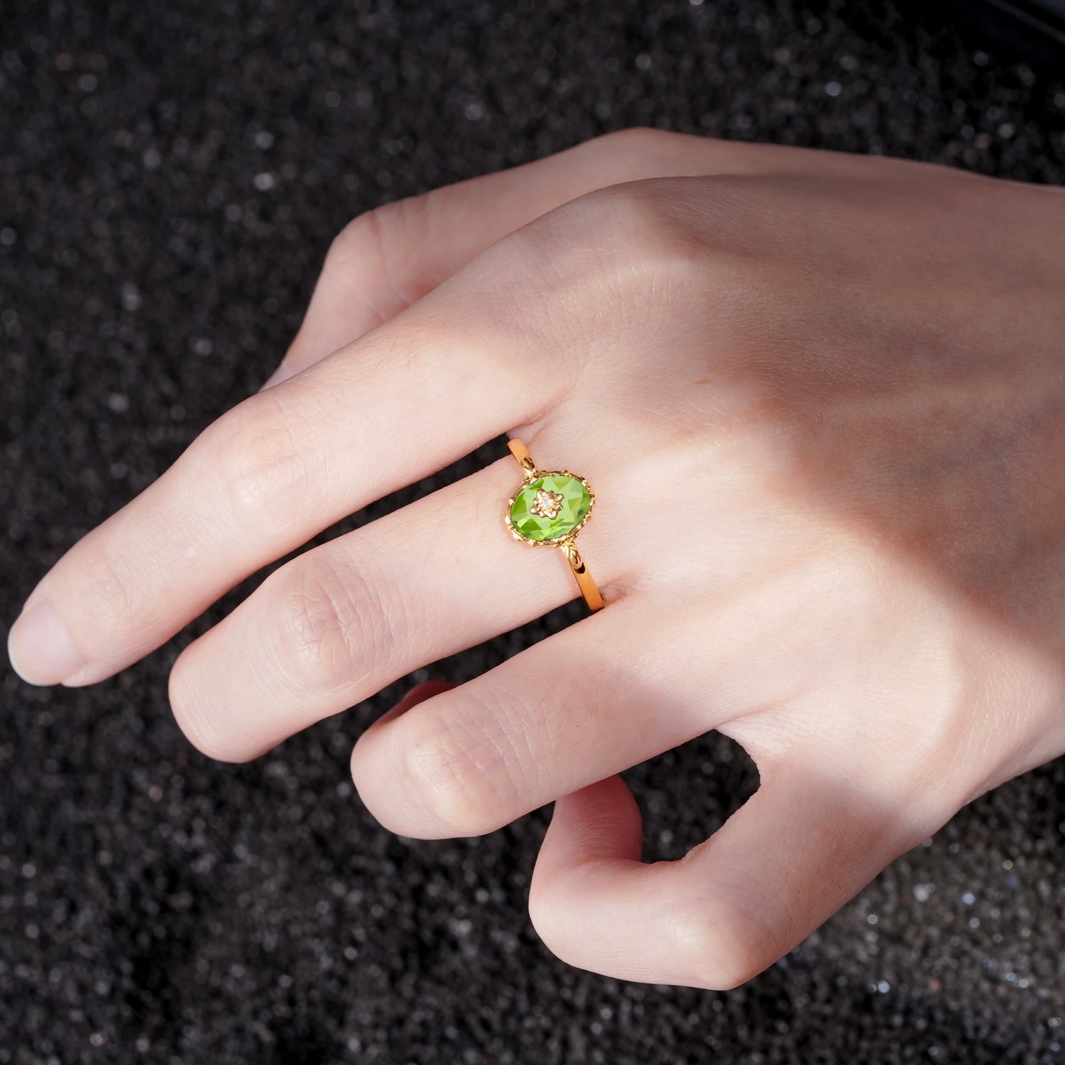 Vintage Floral Oval Peridot Engagement Ring