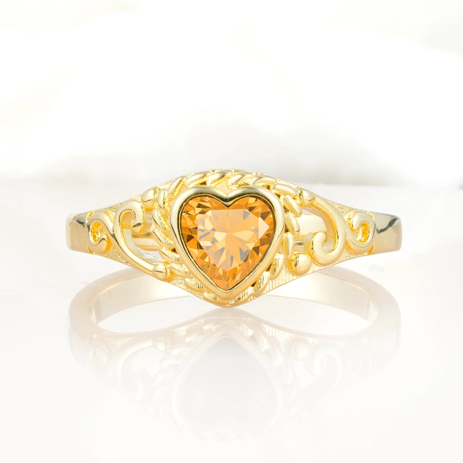 Heart-Shaped Citrine Engagement Ring with Intricate Band