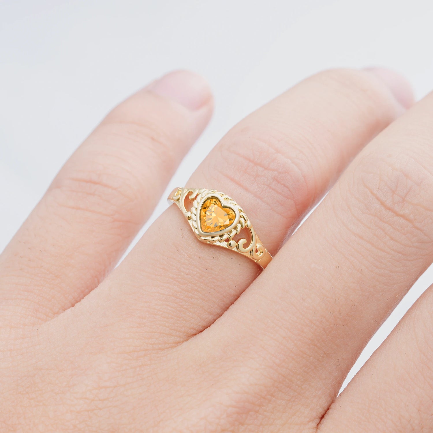 Heart-Shaped Citrine Engagement Ring with Intricate Band