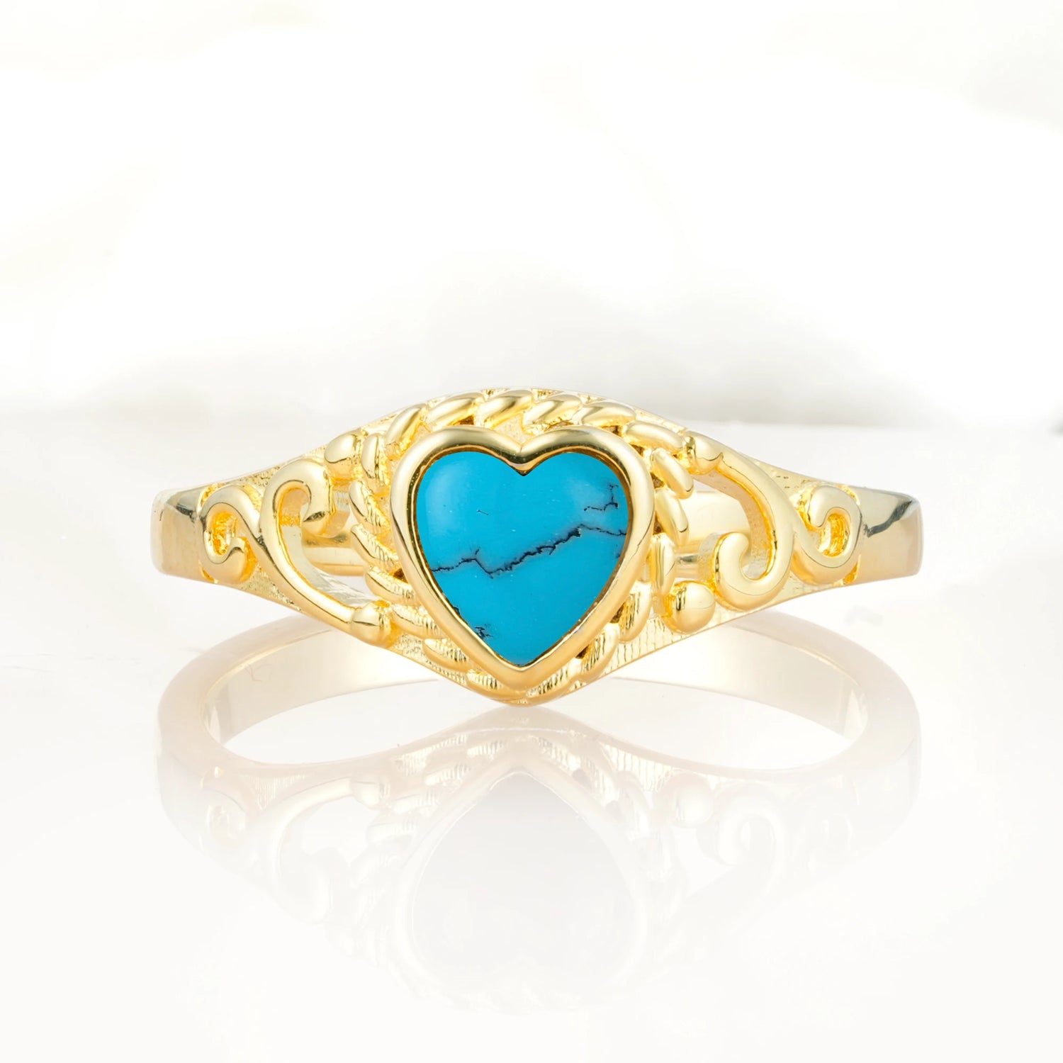 Heart-Shaped Turquoise Engagement Ring with Intricate Band
