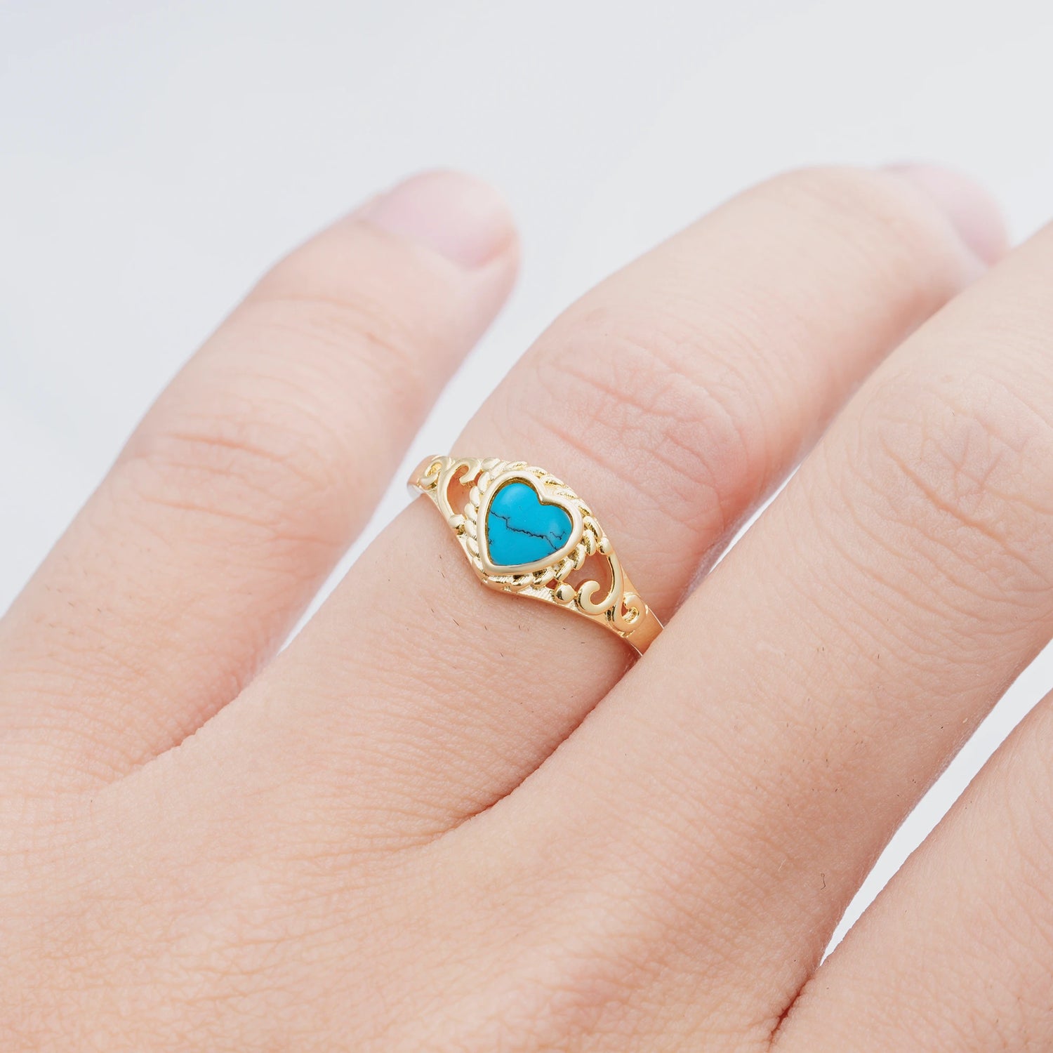 Heart-Shaped Turquoise Engagement Ring with Intricate Band