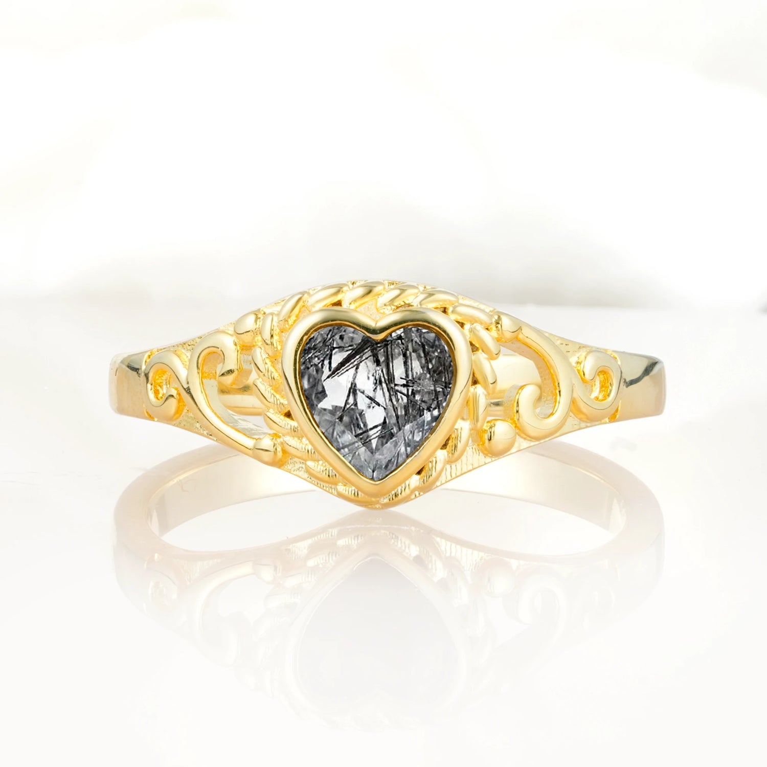 Heart-Shaped Black Rutilated Quartz Engagement Ring with Intricate Band