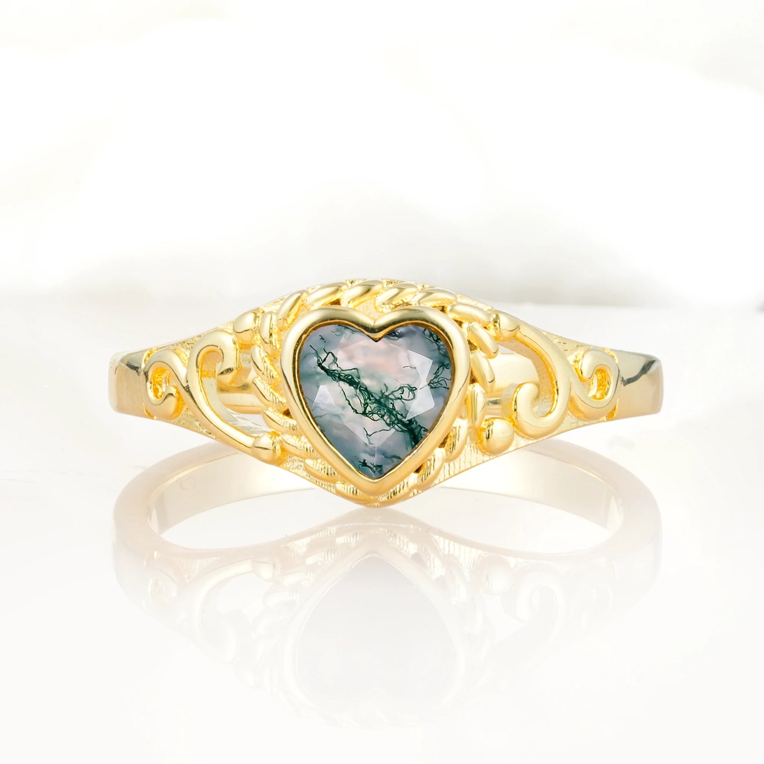 Heart-Shaped Moss Agate Engagement Ring with Intricate Band