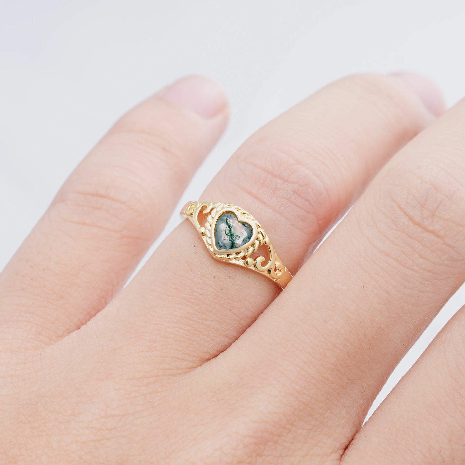 Heart-Shaped Moss Agate Engagement Ring with Intricate Band