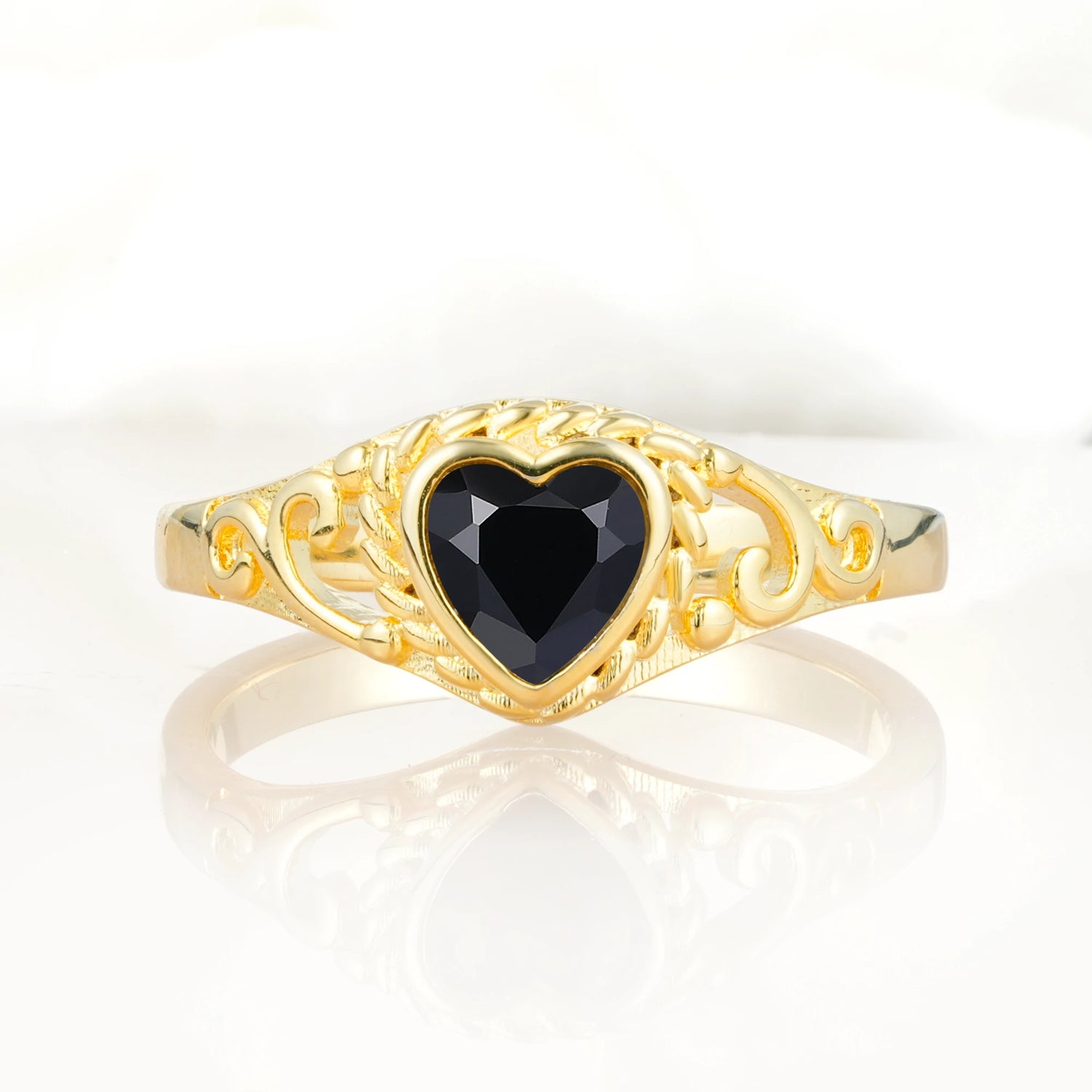 Heart-Shaped Black Onyx Engagement Ring with Intricate Band