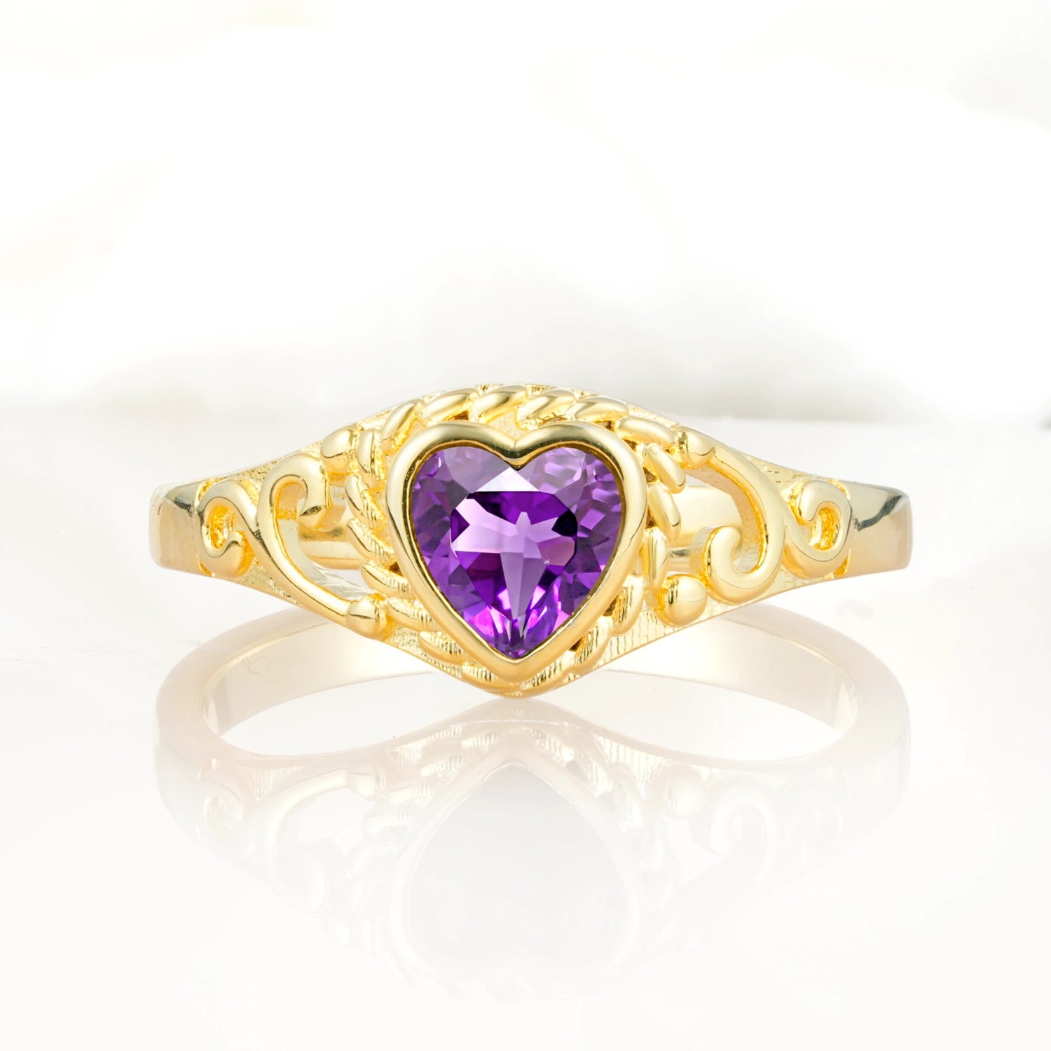 Heart-Shaped Amethyst Engagement Ring with Intricate Band