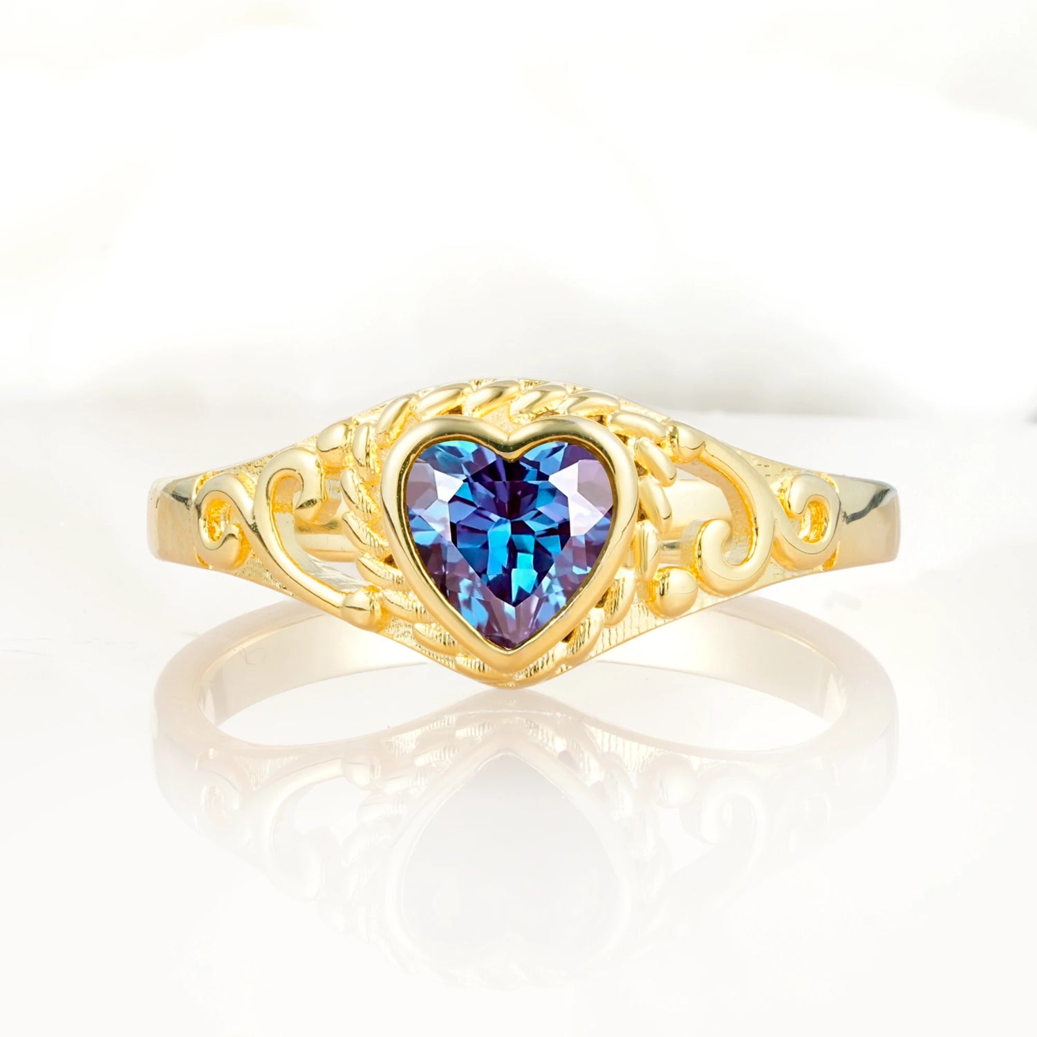 Heart-Shaped Alexandrite Engagement Ring with Intricate Band