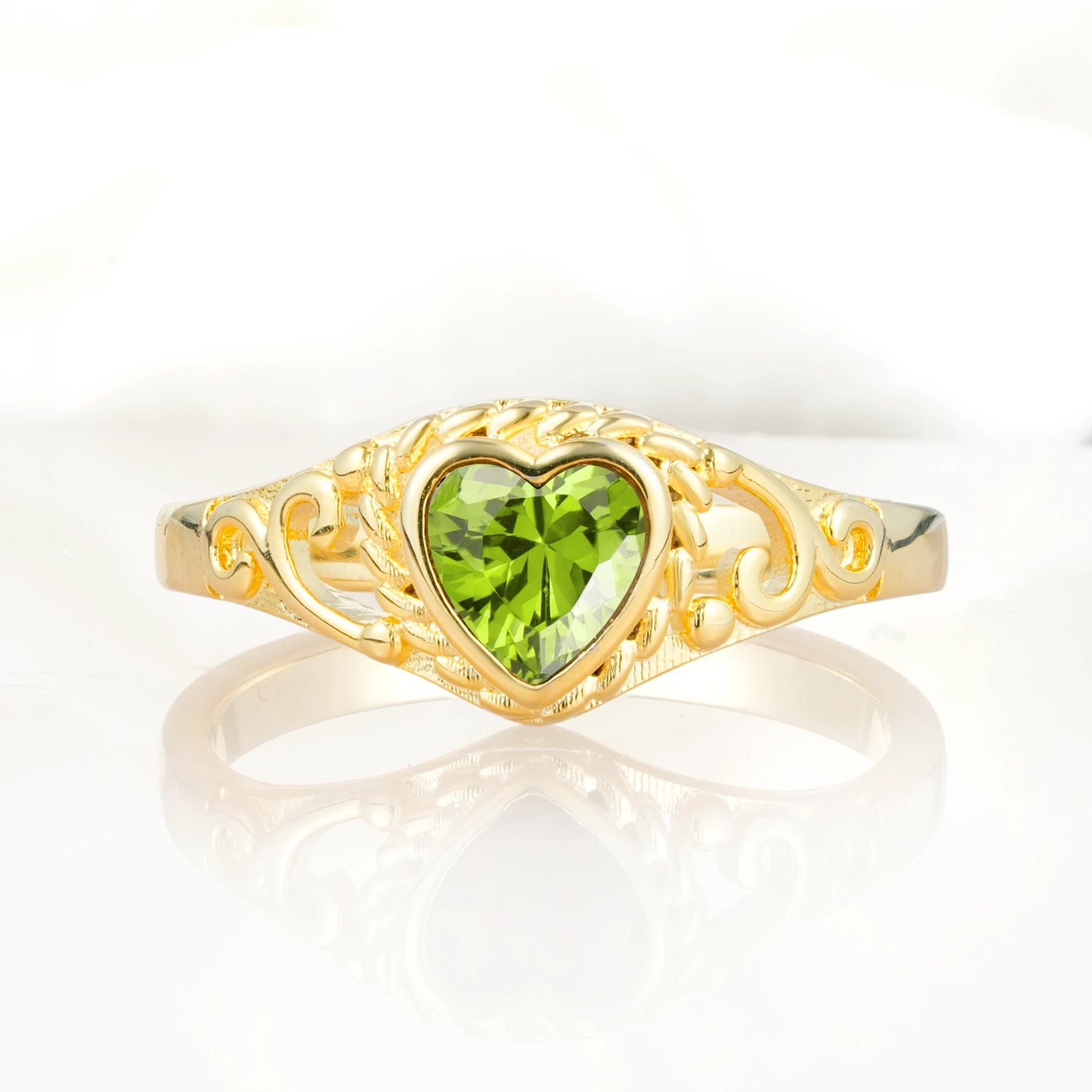 Heart-Shaped Peridot Engagement Ring with Intricate Band