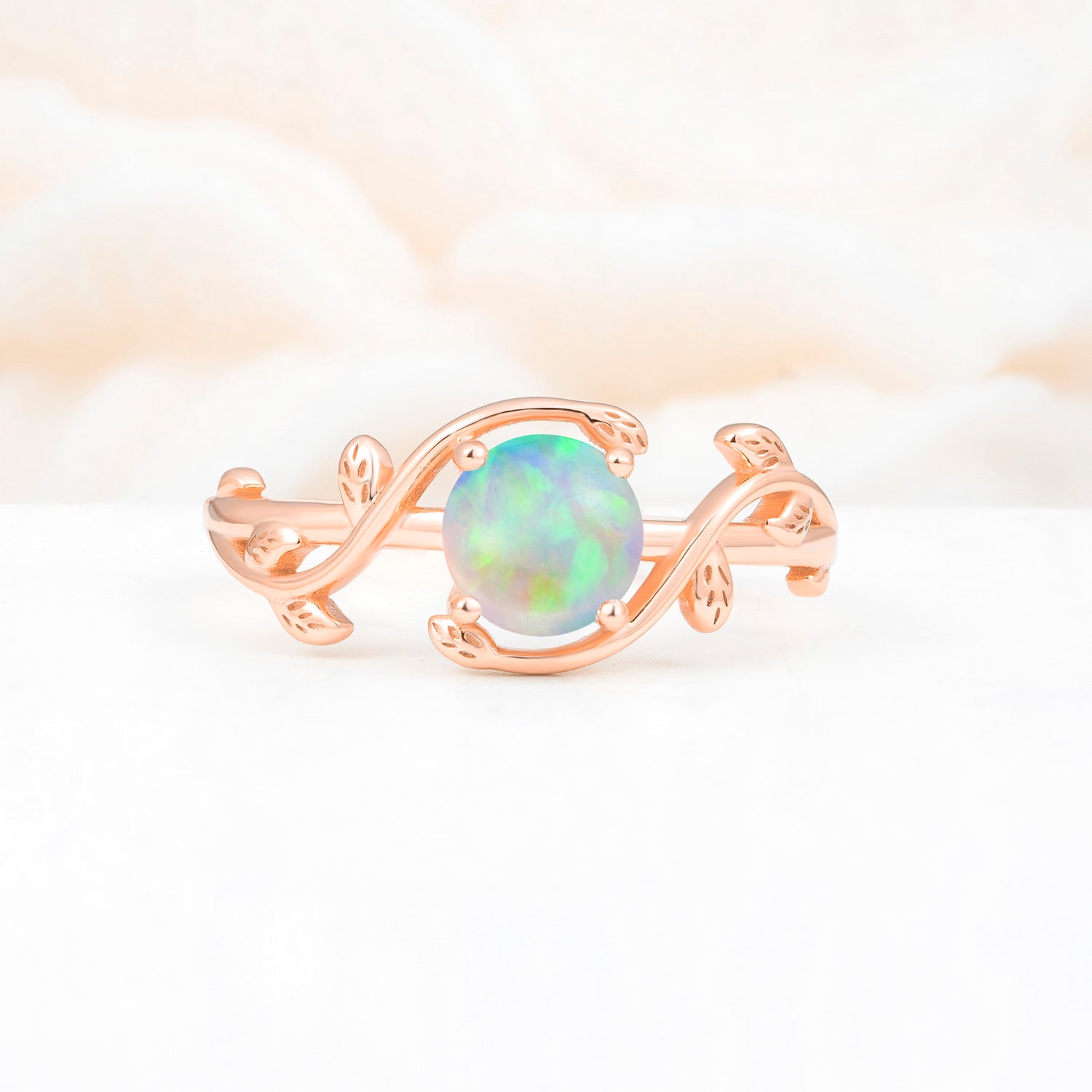 Nature Inspired Round Opal Leaf Vine Engagement Ring