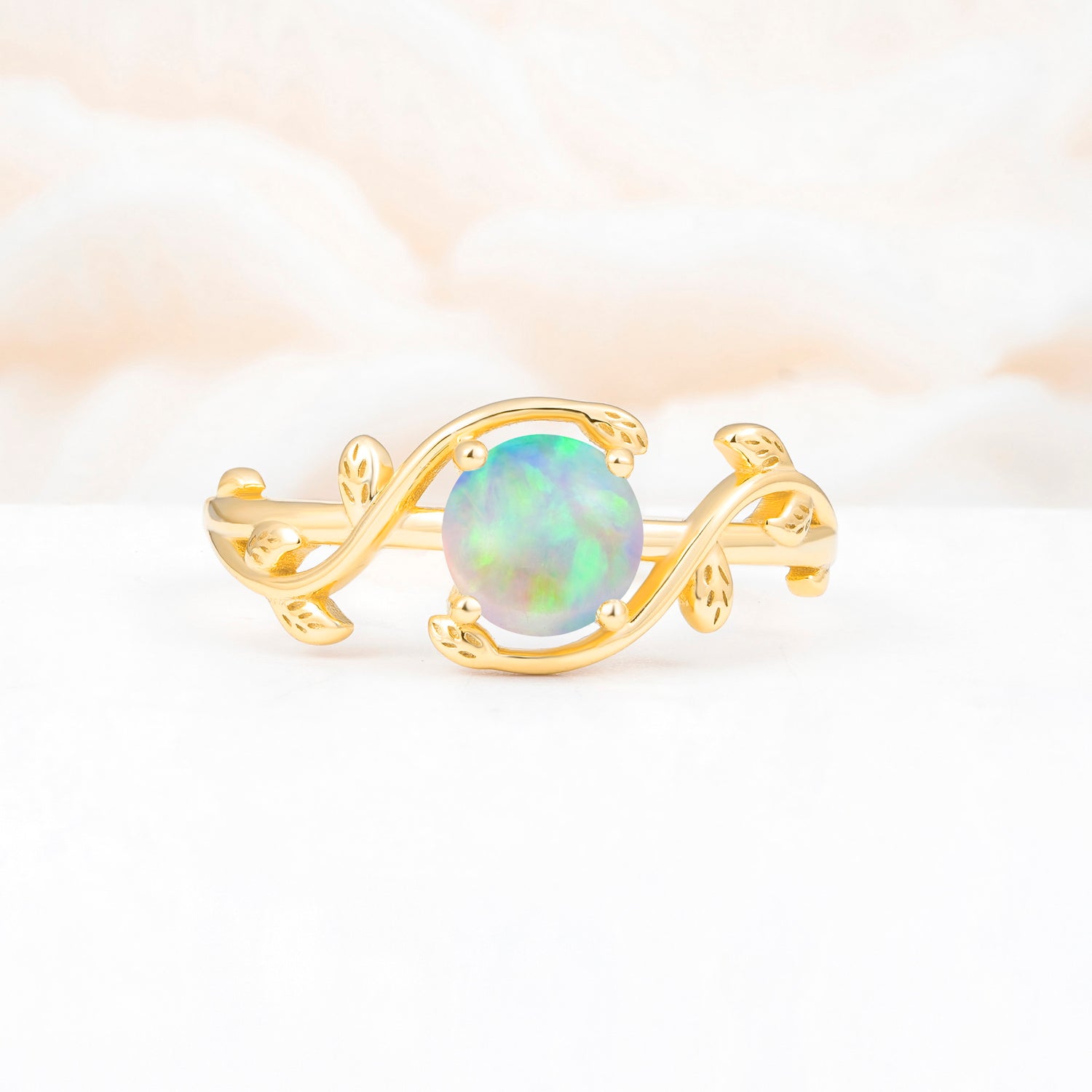 Nature Inspired Round Fire Opal Leaf Vine Engagement Ring