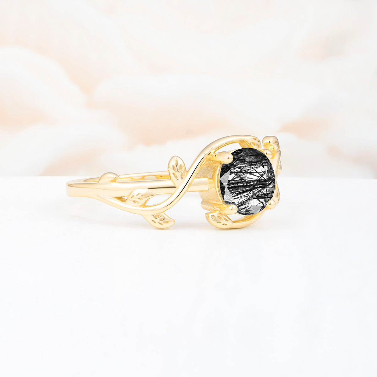ML07039 Black Rutilated Quartz Ring - White-Gold
