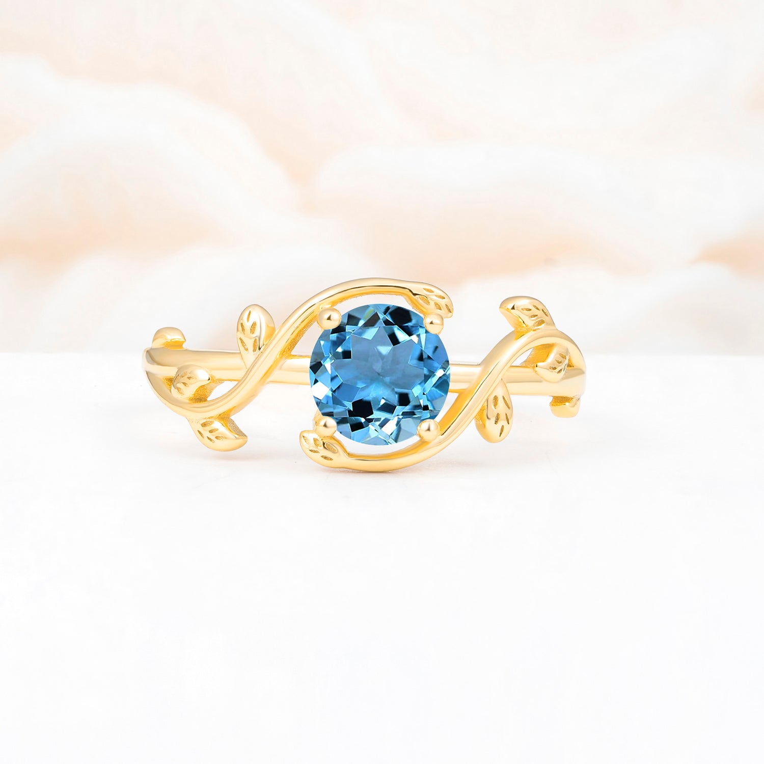 Nature Inspired Round Aquamarine Leaf Vine Engagement Ring
