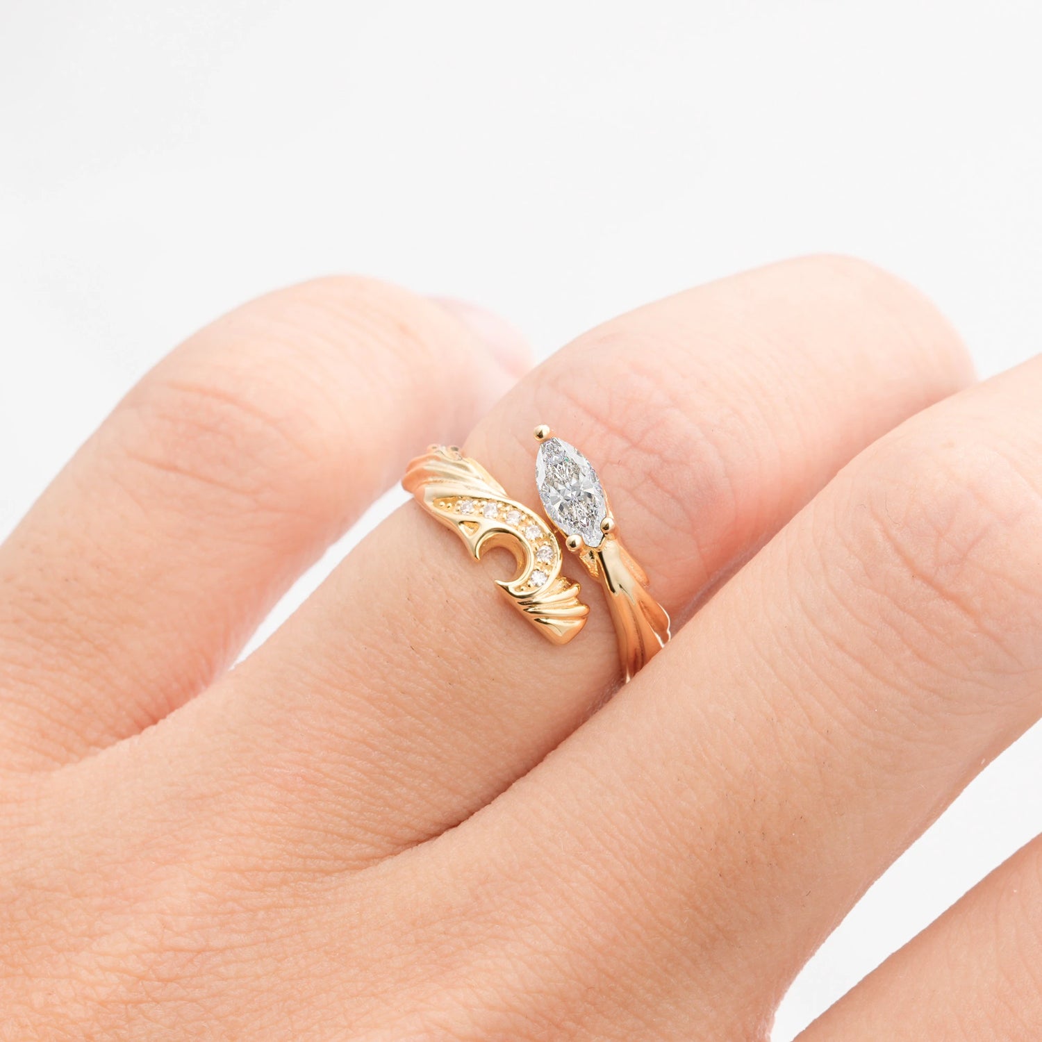 Unique Marquise Cut Moon Design Moissanite Engagement Set